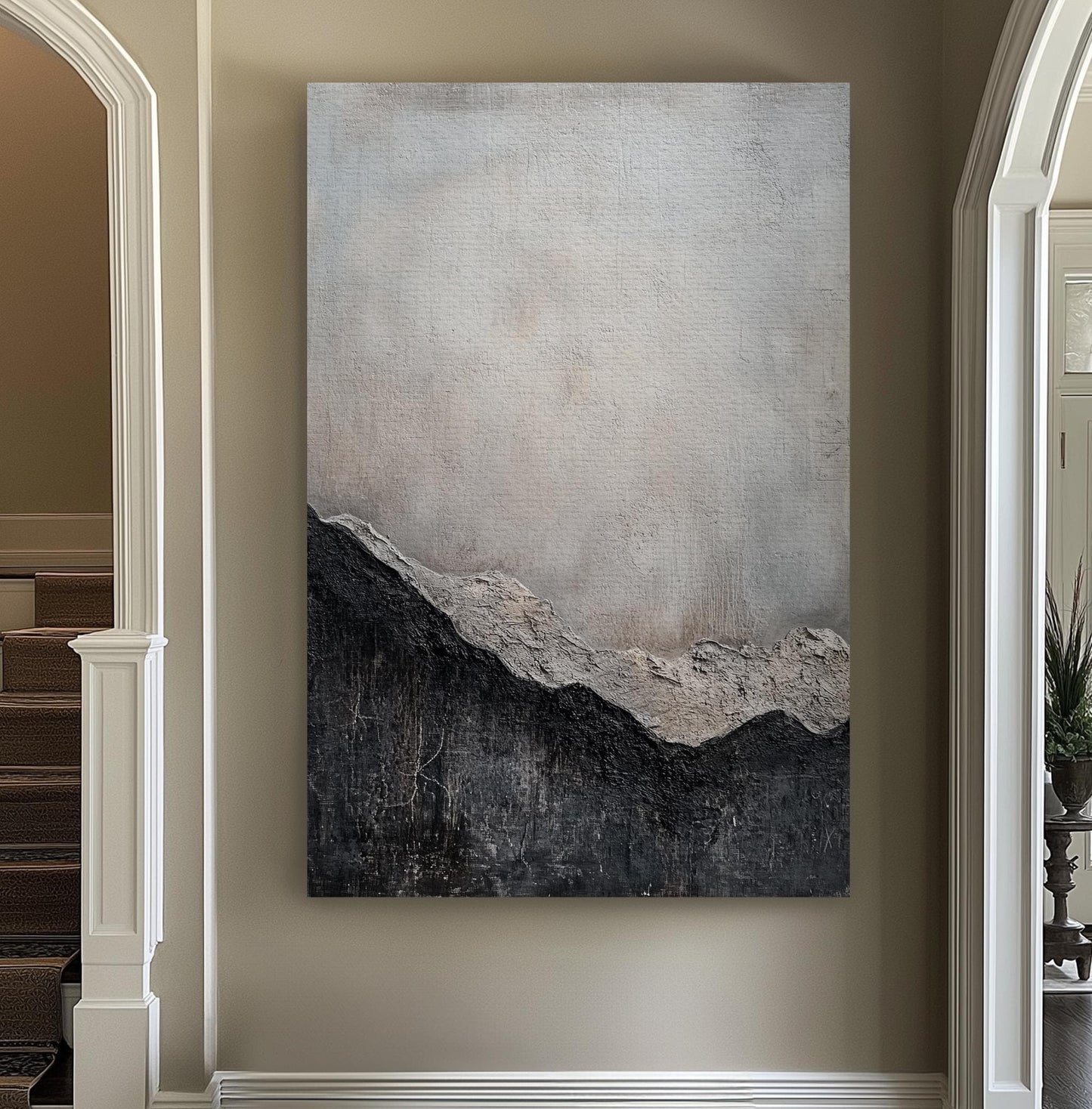 Serene Mountain Range Canvas Art | Impasto Texture Print | Jungalow Wall Art For Living Room | Silver Cloud Art Vertical Canvas