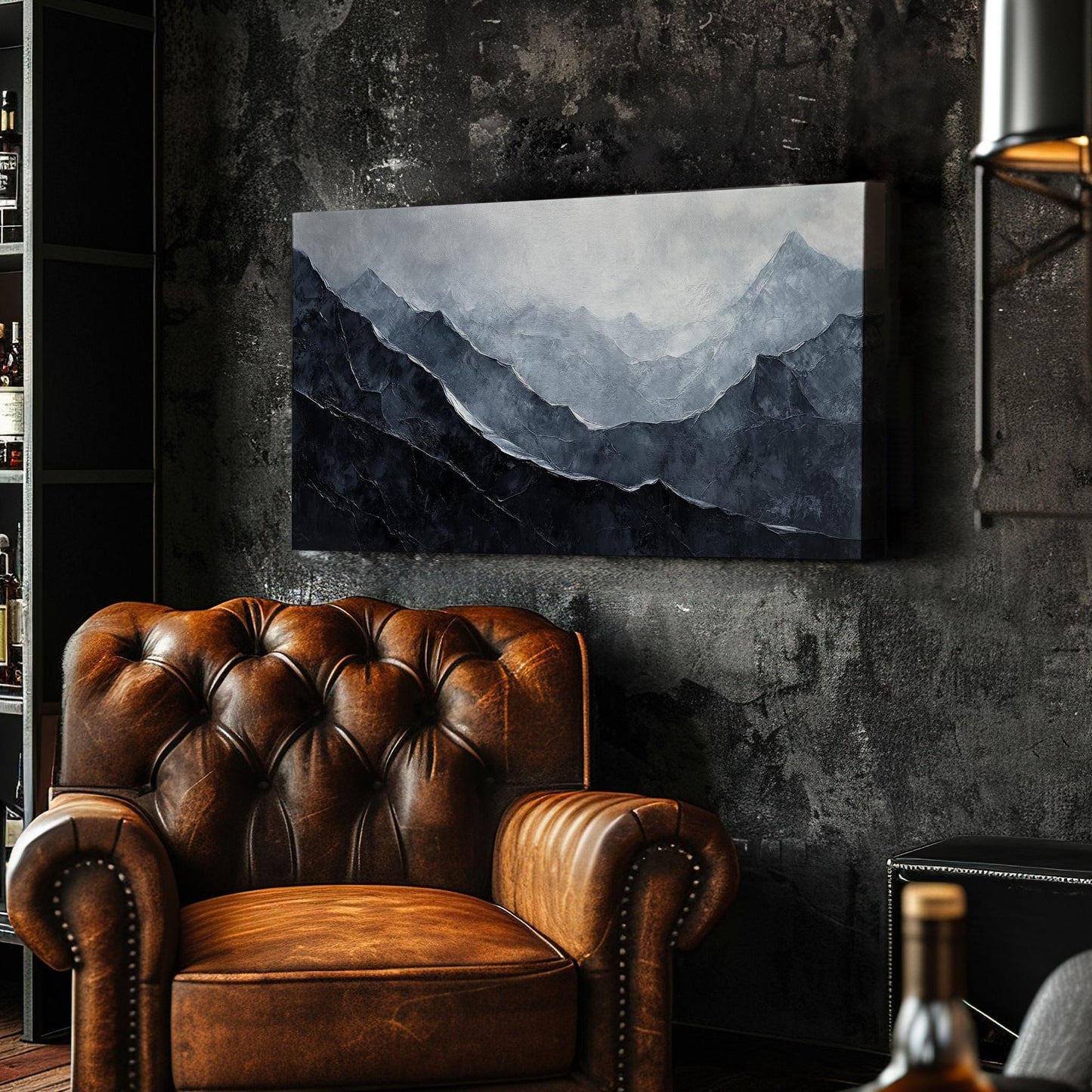Serene Mountain Range Canvas Art | Impasto Palette Knife Print | Tranquil Modern Wall Art For Living Room | Stormy Grey Art Horizontal Art