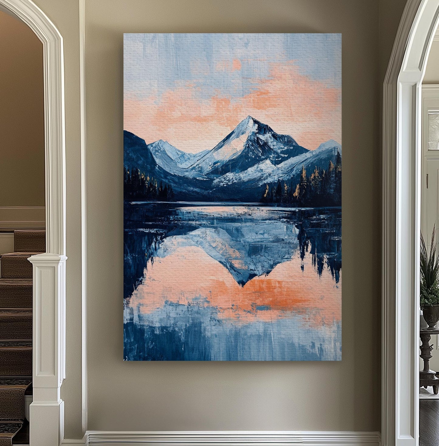 Serene Mountain Lake Canvas Art | Impasto Print | Tranquil Modern Wall Art For Living Room | Blush Pink Naval Art Vertical Canvas