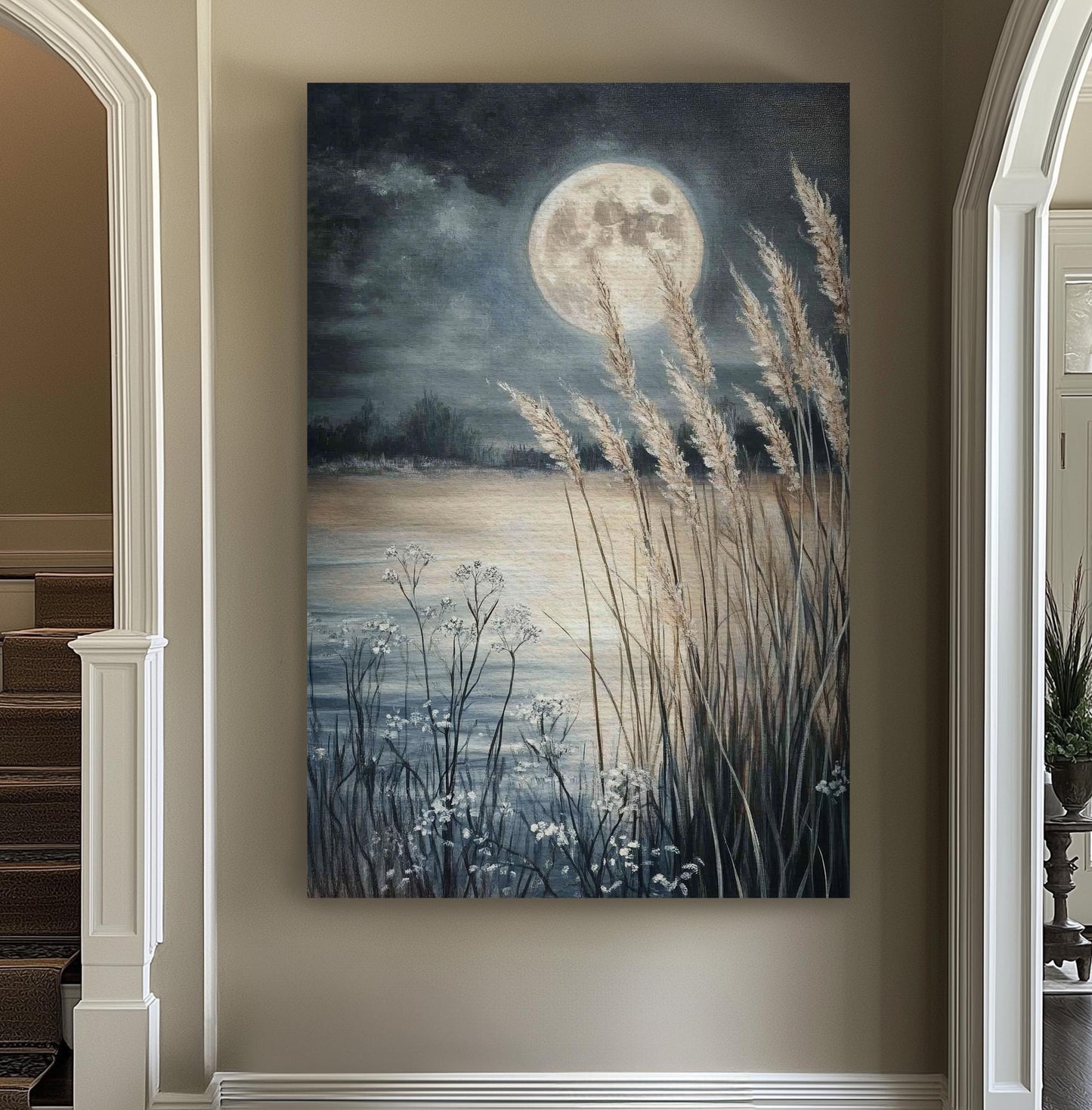 Serene Moonlit Pampas Grass Canvas Art | Impasto Textural Print | Tranquil Coastal Wall Art For Bedroom Vertical Canvas