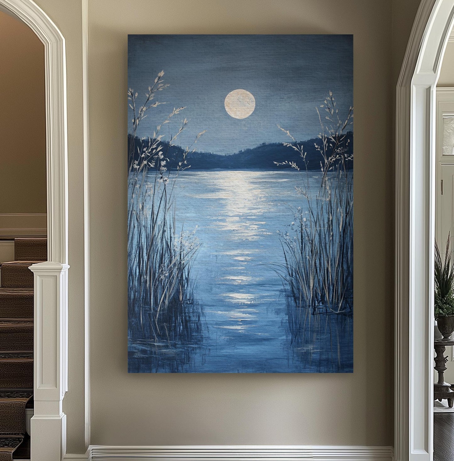 Serene Moonlit Lake Canvas Art | Impasto Textured Print | Tranquil Coastal Wall Art For Bedroom | Steel Blue Silver Art Vertical Canvas