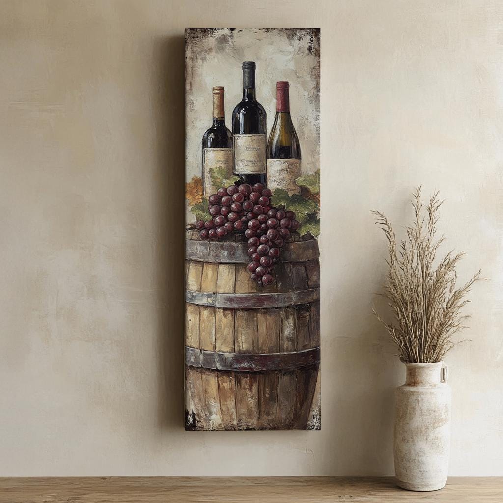 Wine Barrel Still Life Canvas Art | Impasto Grapes Print | Rustic Farmhouse Wall Art For Dining Room | Warm Oak Art Long Vertical Art