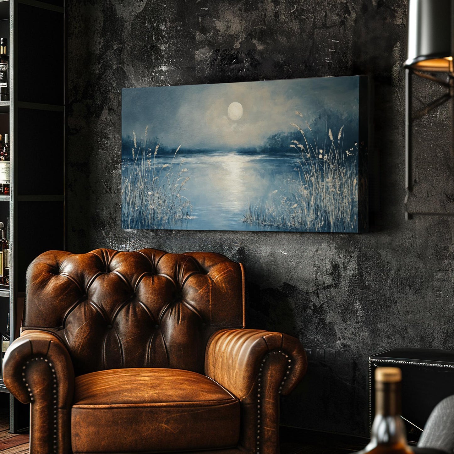 Serene Moonlit Lake Canvas Art | Impasto Textural Print | Tranquil Coastal Wall Art For Living Room | Silver Blue Water Art Horizontal Art