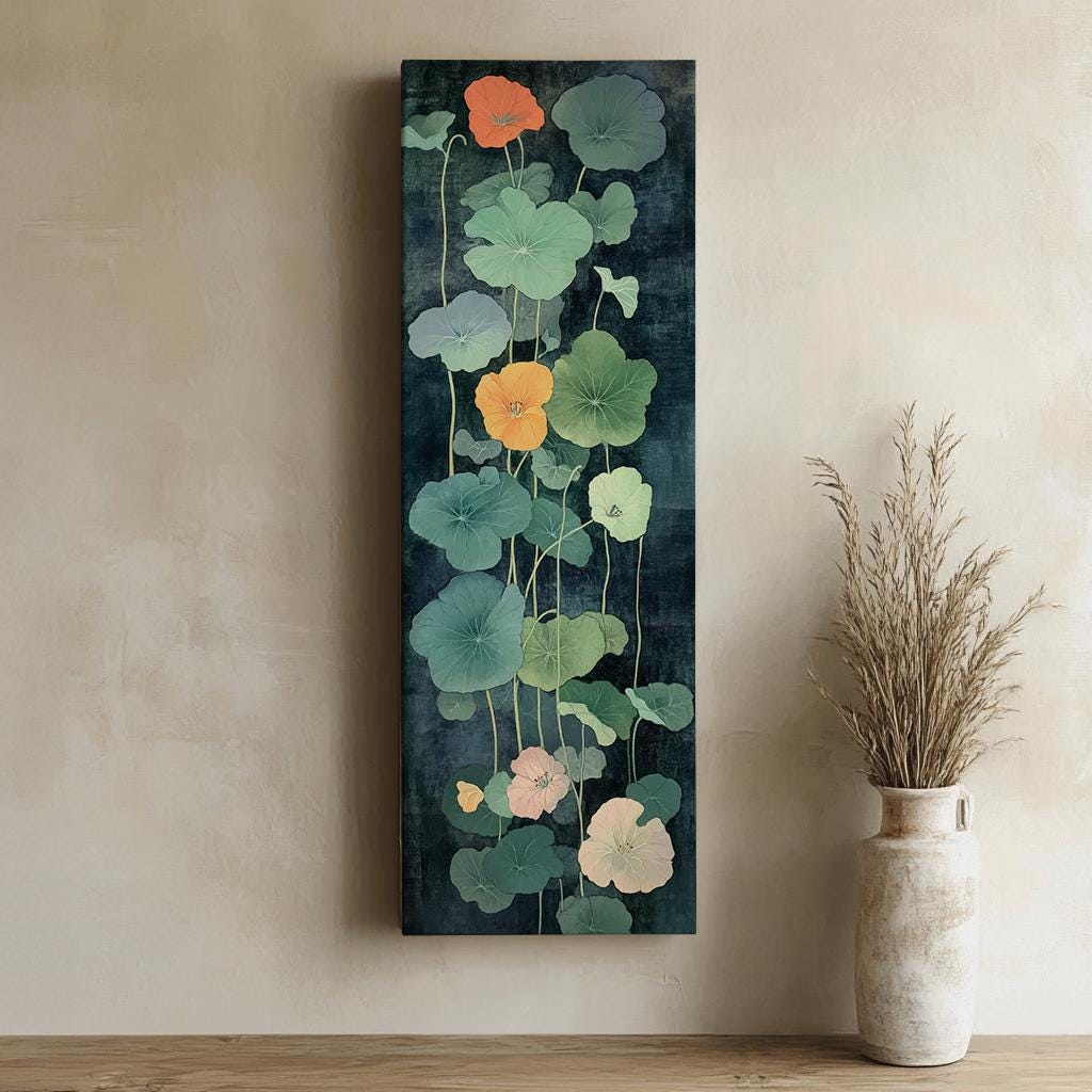 Nasturtium Botanical Canvas Art | Japanese Woodblock Print | Wabi Sabi Wall Art For Living Room | Jadeite Green Art Long Vertical Art