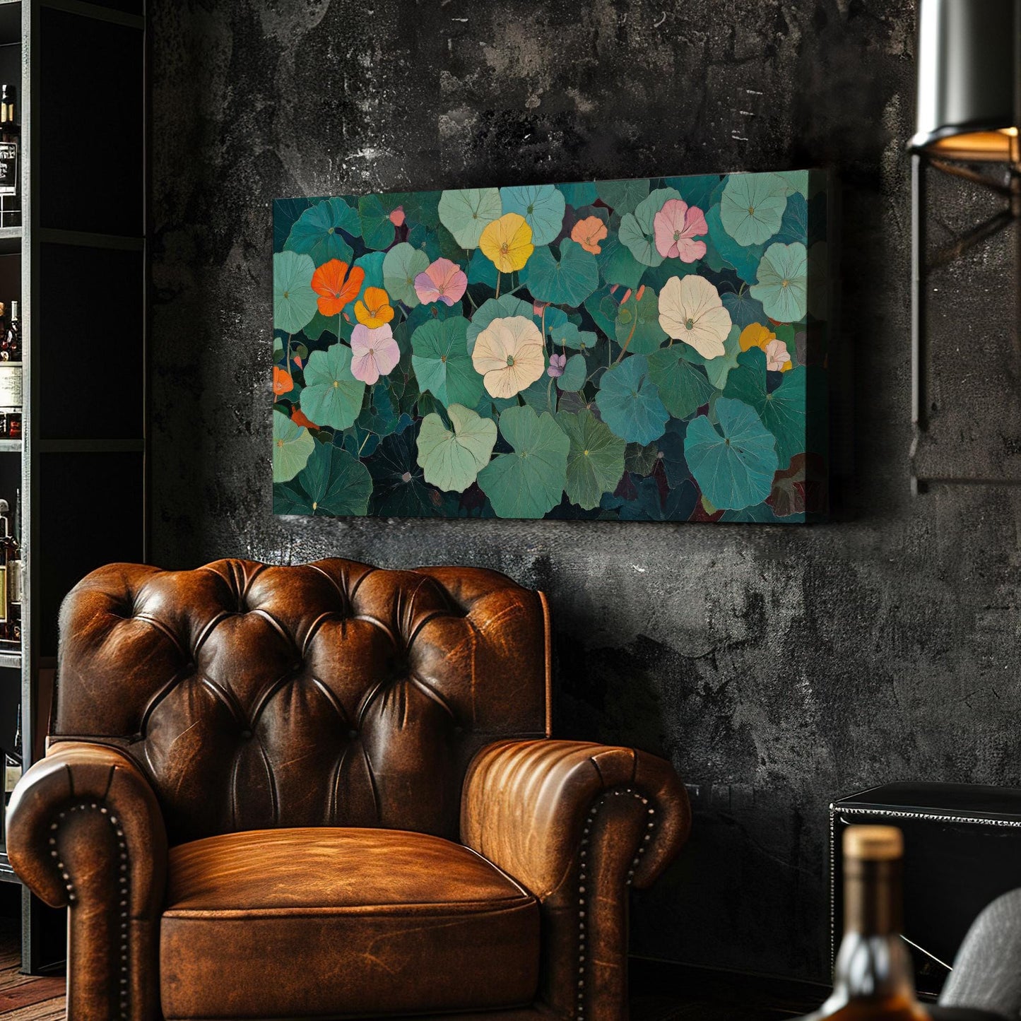 Nasturtium Botanical Canvas Art | Impasto Print | Bohemian Wall Art For Living Room | Jadeite Art | Tranquil Decor Horizontal Art