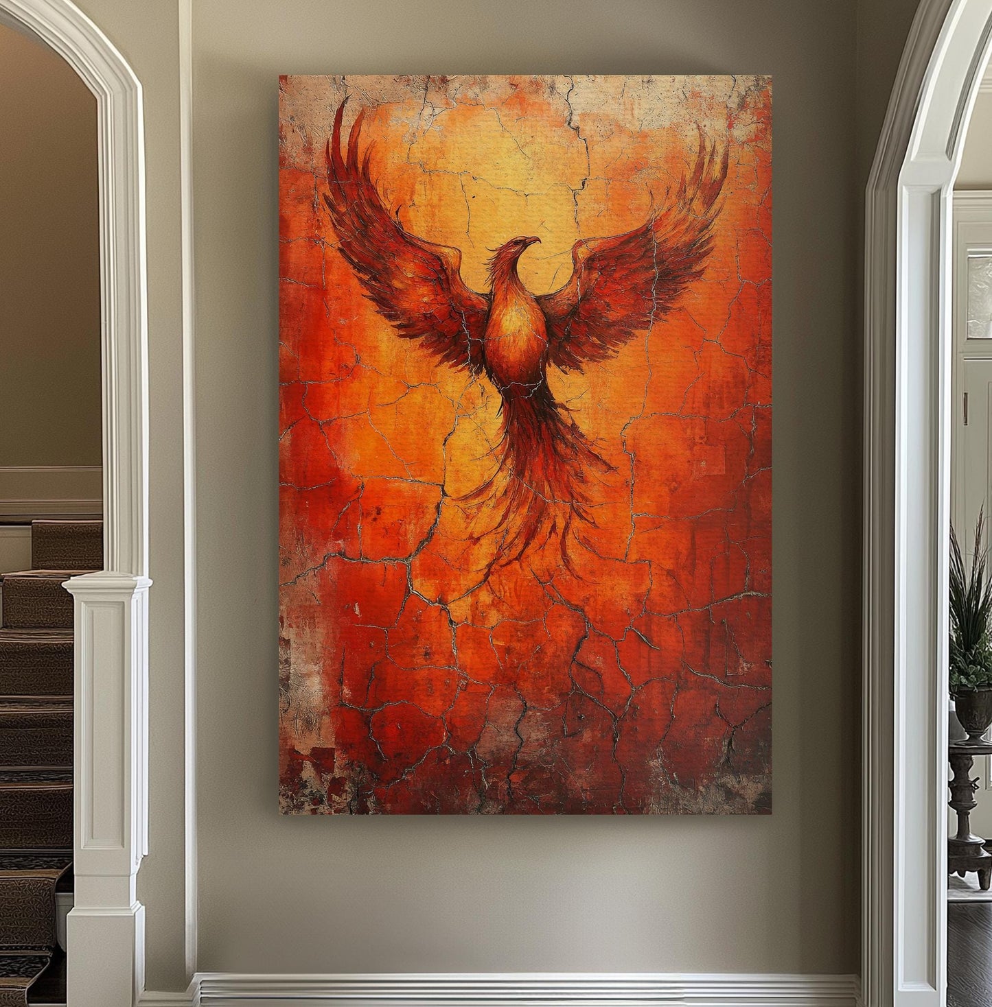 Mythical Phoenix Canvas Art | Impasto Print | Bohemian Wall Art For Living Room | Fiery Sienna Art Vertical Canvas