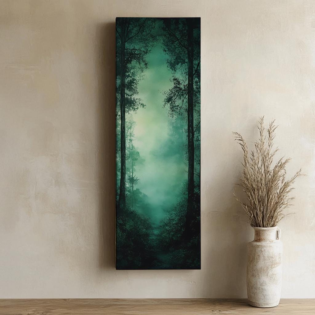 Mystical Forest Path Canvas Art | Watercolor Wash Print | Biophilic Wall Art For Living Room | Jadeite Green Art Long Vertical Art