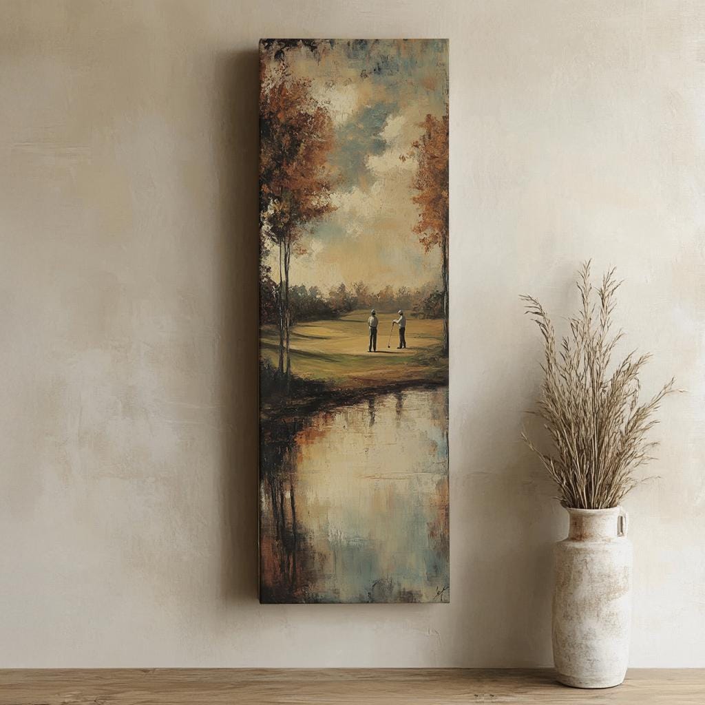 Serene Golf Course Canvas Art | Impasto Print | Transitional Wall Art For Living Room | Taupe Sage Green Art Long Vertical Art