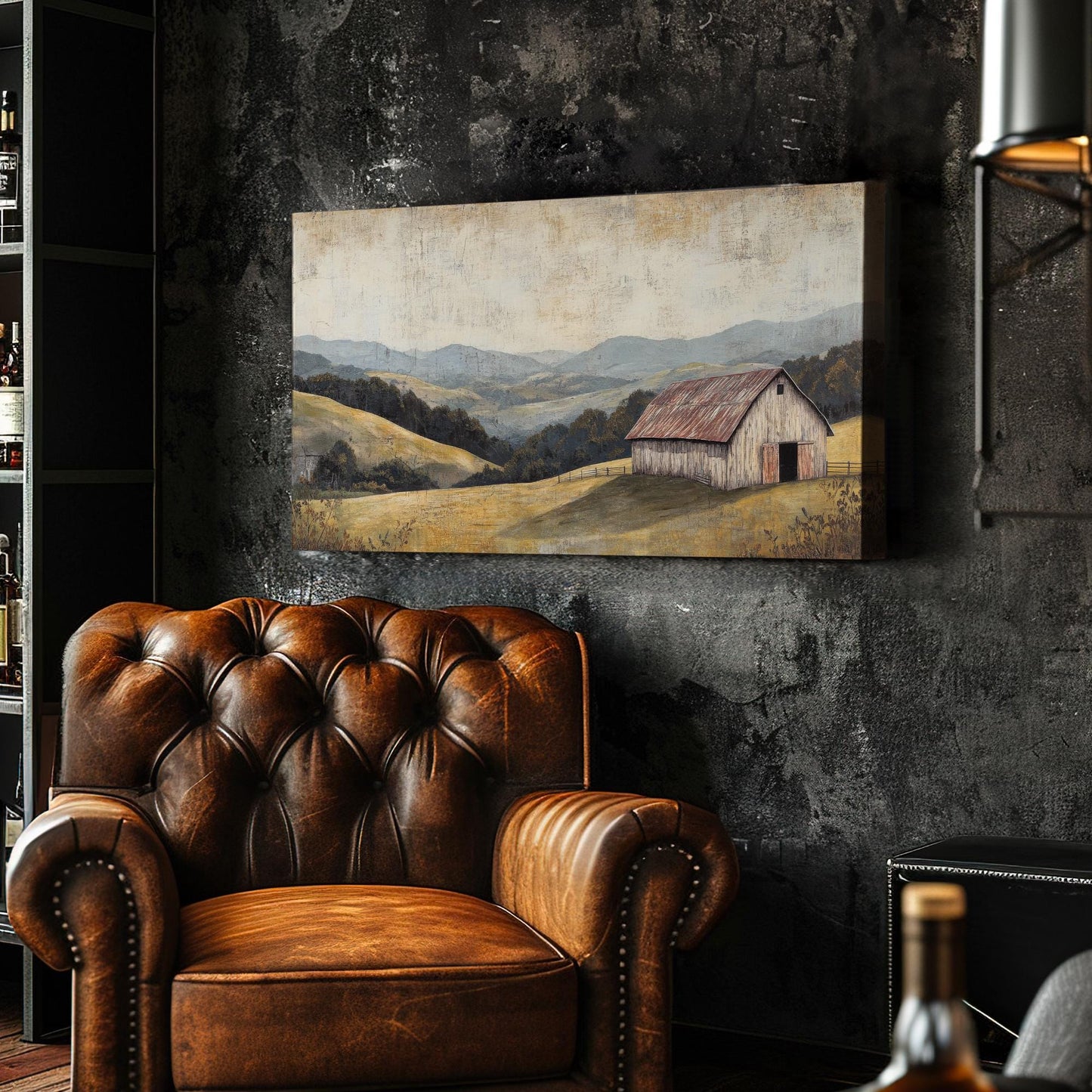 Rustic Barn Landscape Canvas Art | Textured Impasto Print | Transitional Wall Art For Living Room | Harvest Gold Art Horizontal Art