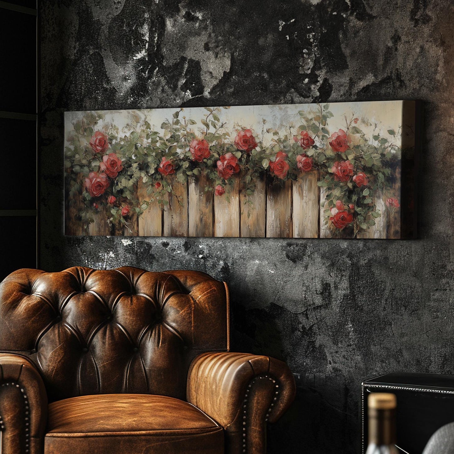 Romantic Rose Garden Fence | Impasto Oil Painting Print | Bohemian Farmhouse Wall Art For Living Room Panoramic Wall Art