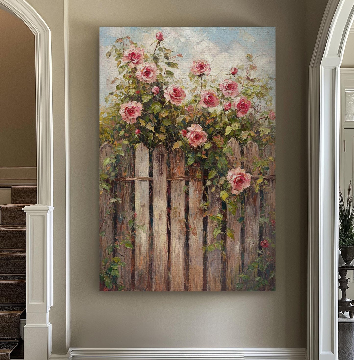 Romantic Rose Garden Fence Canvas Art | Impasto Oil Painting Print | French Country Wall Art For Living Room Vertical Canvas