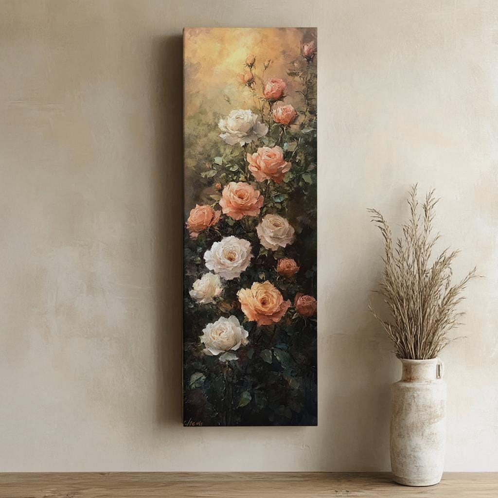 Romantic Rose Garden Canvas Art | Impasto Oil Painting Print | Bohemian Wall Art For Living Room | Blush Pink Cream Art Long Vertical Art