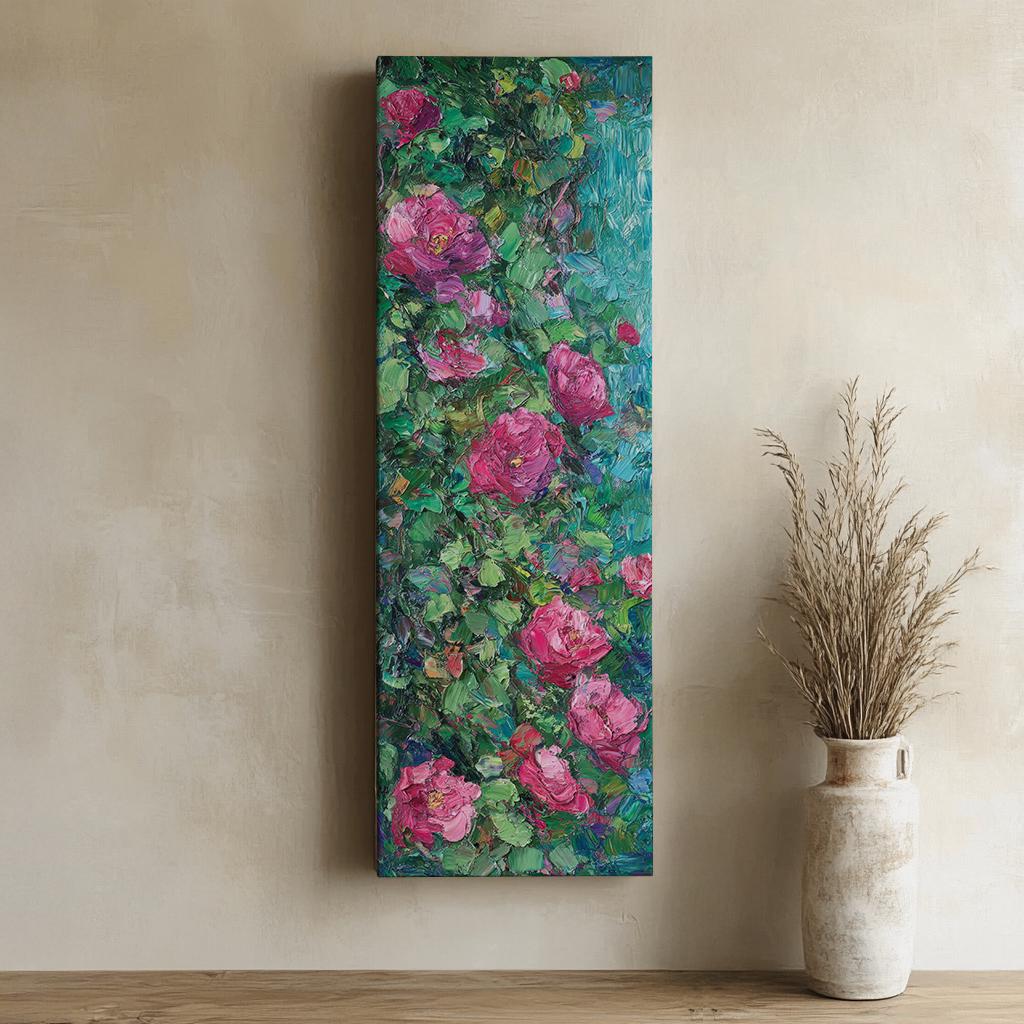 Romantic Rose Garden Canvas Art | Impasto Floral Print | Bohemian Wall Art For Living Room | Rose Quartz Emerald Art Long Vertical Art