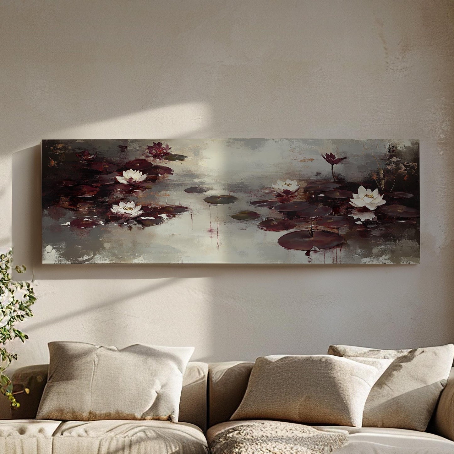 Serene Water Lilies Canvas Art | Impasto Impressionism Print | Tranquil Zen Wall Art For Living Room Panoramic Wall Art