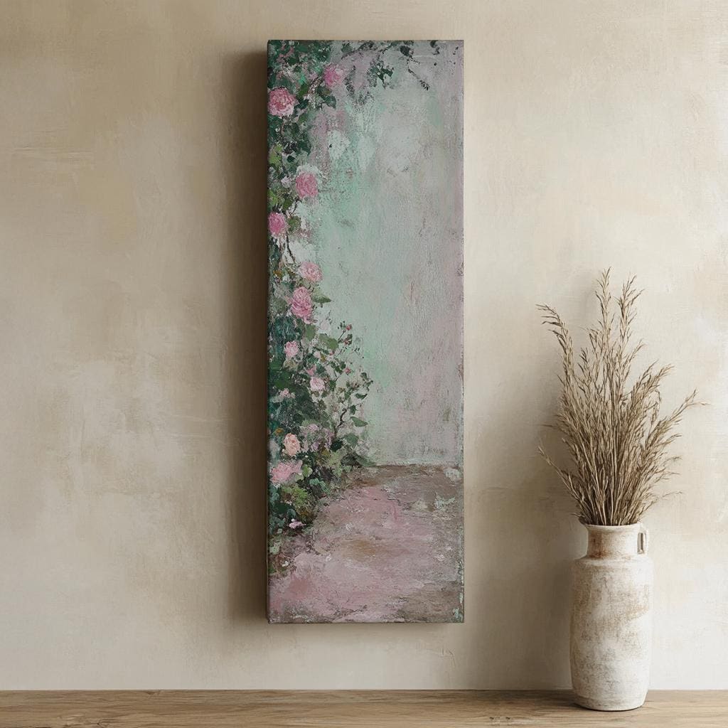 Romantic Rose Garden Canvas Art | Impasto Floral Print | Bohemian Wall Art For Bedroom | Blush Pink Sage Green Art Long Vertical Art