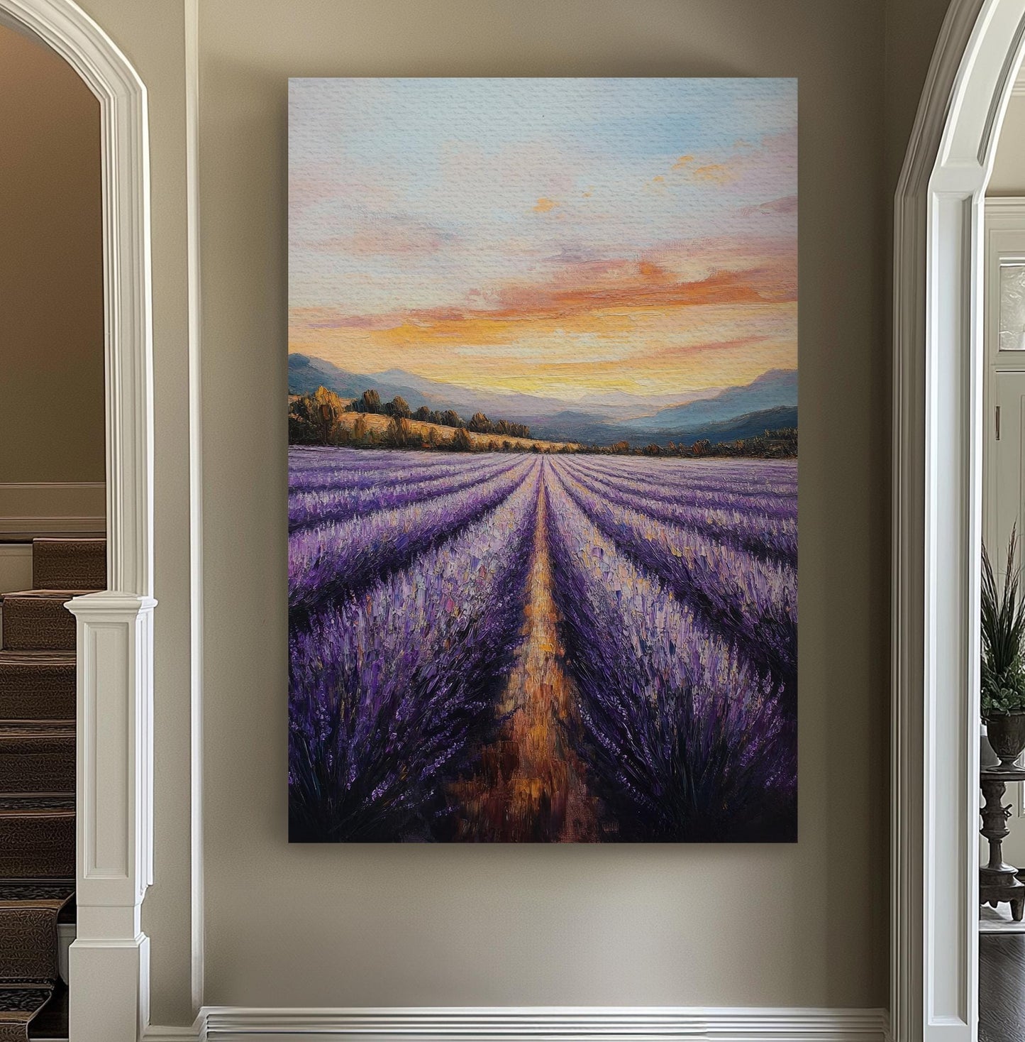 Provence Lavender Sunset Canvas Art | Palette Knife Impasto Print | Bohemian Wall Art For Living Room Vertical Canvas