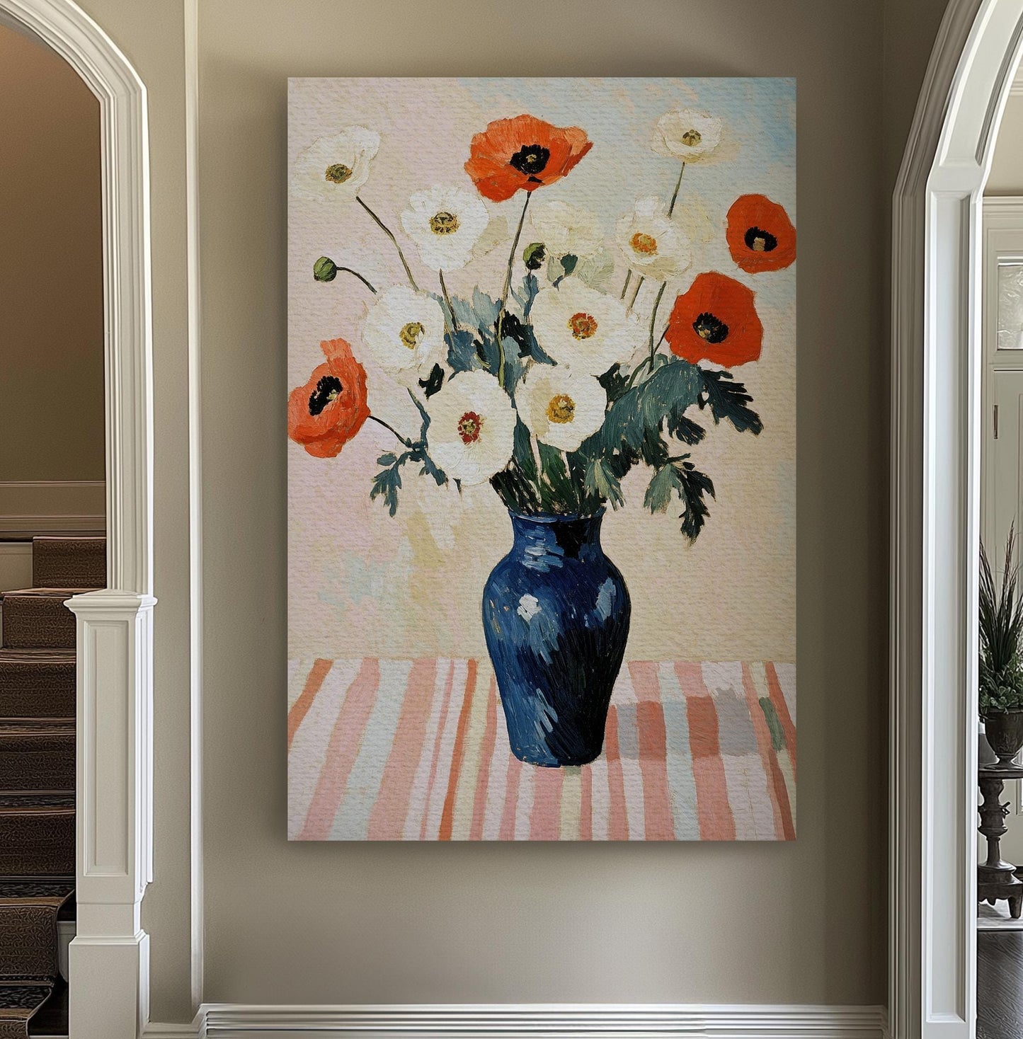 Poppy Impressionism Canvas Art | Impasto Floral Print | Coastal Farmhouse Wall Art For Dining Room | Cerulean Blue Art Vertical Canvas