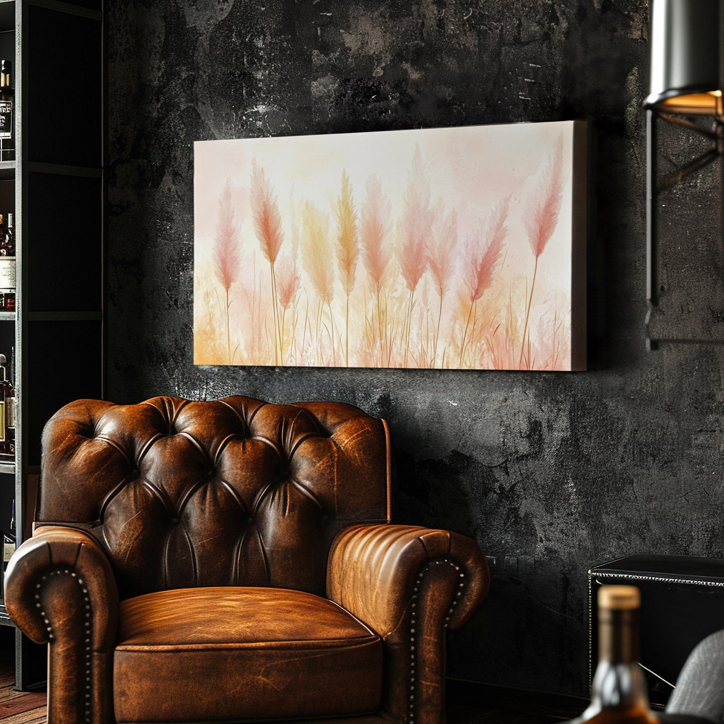 Pampas Grass Canvas Art | Watercolor Impressionist Print | Bohemian Wall Art For Living Room | Blush Pink Champagne Art Horizontal Art
