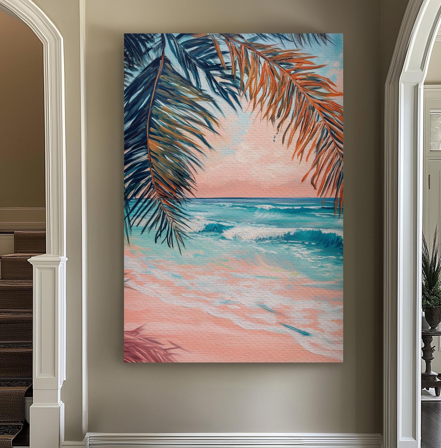 Palm Fronds Ocean Canvas Art | Impasto Textural Print | Coastal Bohemian Wall Art For Living Room | Blush Pink Sand Art Vertical Canvas