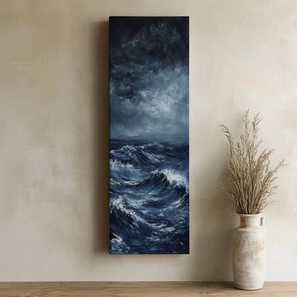 Oceanic Storm Canvas Art | Impasto Impressionism Print | Coastal Modern Wall Art For Living Room | Steel Blue Art Long Vertical Art