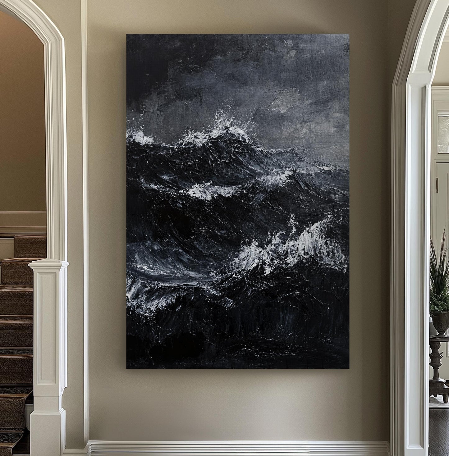 Oceanic Impasto Canvas Art | Dramatic Seascape Print | Coastal Modern Wall Art For Living Room | Charcoal Oyster Art Vertical Canvas