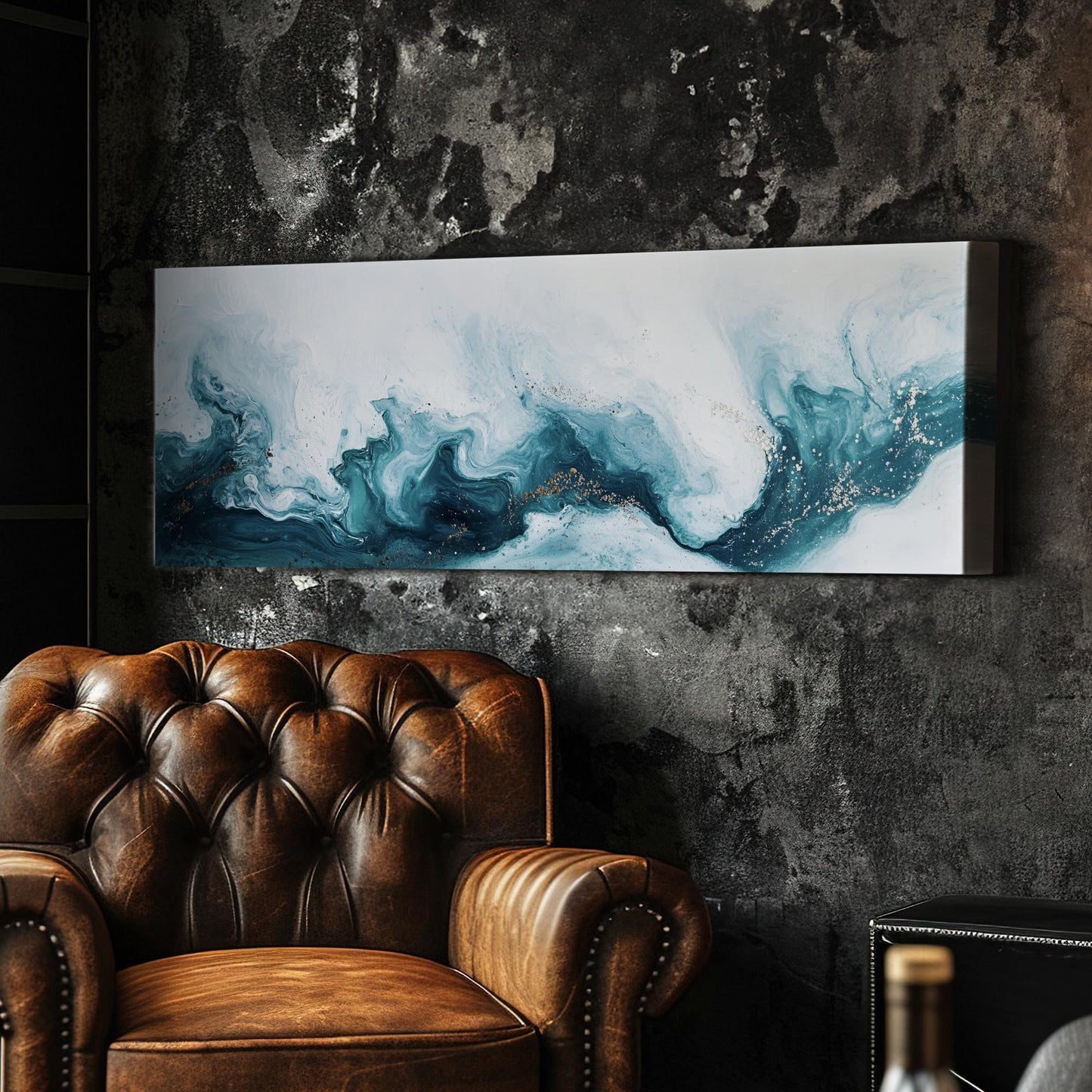 Oceanic Flow Canvas Art | Pouring Acrylic Print | Biophilic Wall Art For Living Room | Serene Teal Art Panoramic Wall Art