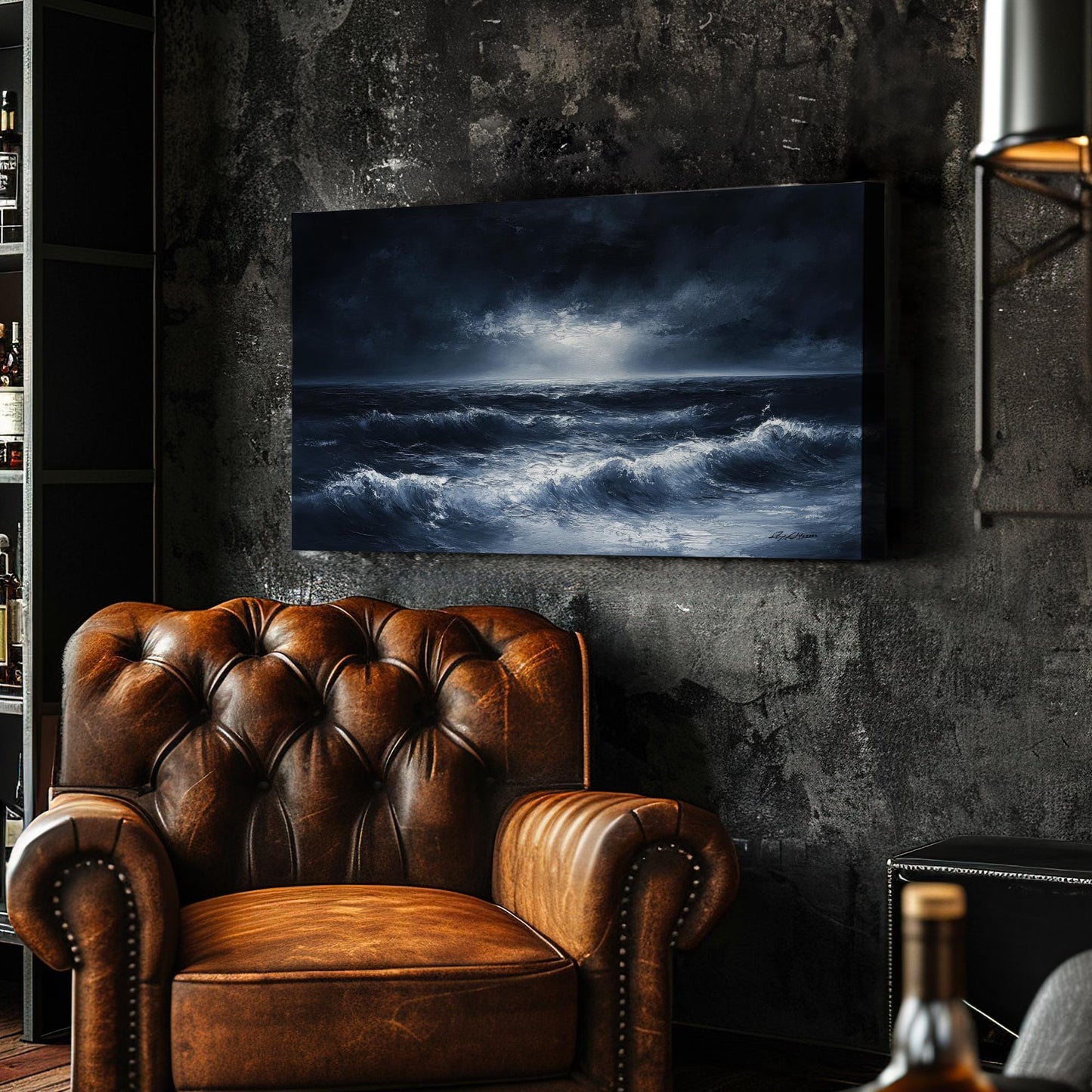 Ocean Wave Canvas Art | Impasto Palette Knife Print | Coastal Bohemian Wall Art For Living Room | Twilight Blue Art Horizontal Art