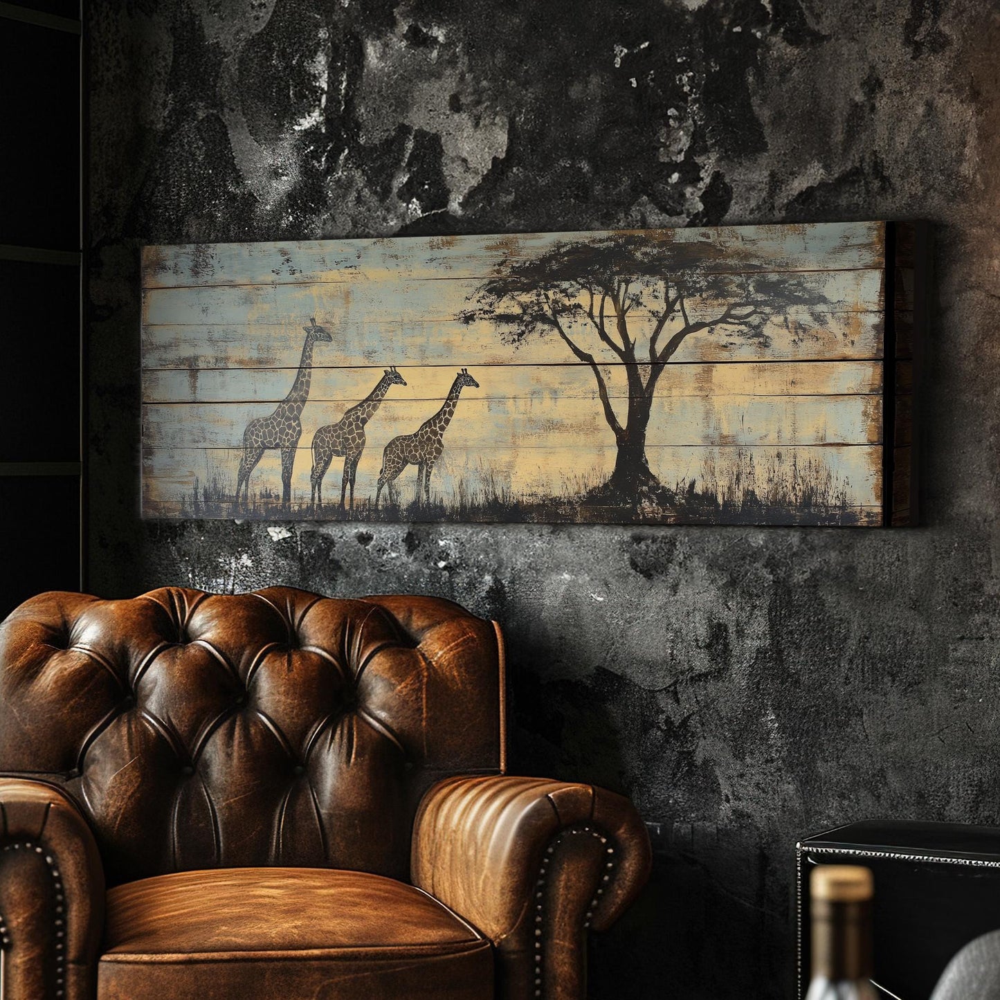Serengeti Giraffe Canvas Art | Distressed Woodblock Print | Bohemian Wall Art For Living Room | Sandstone Sky Blue Art Panoramic Wall Art