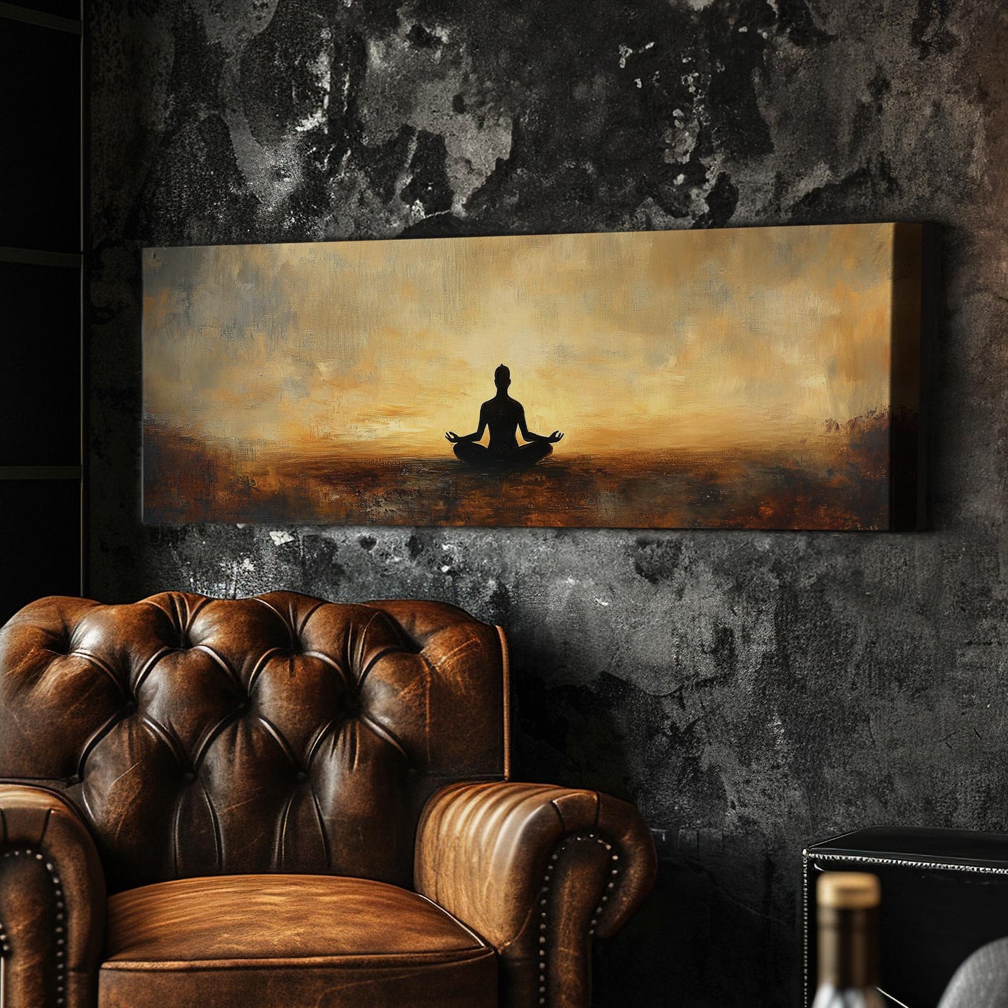 Serene Yogi Canvas Art | Impasto Painting Print | Zen Minimalist Wall Art For Living Room | Burnt Sienna Golden Hour Art Panoramic Wall Art