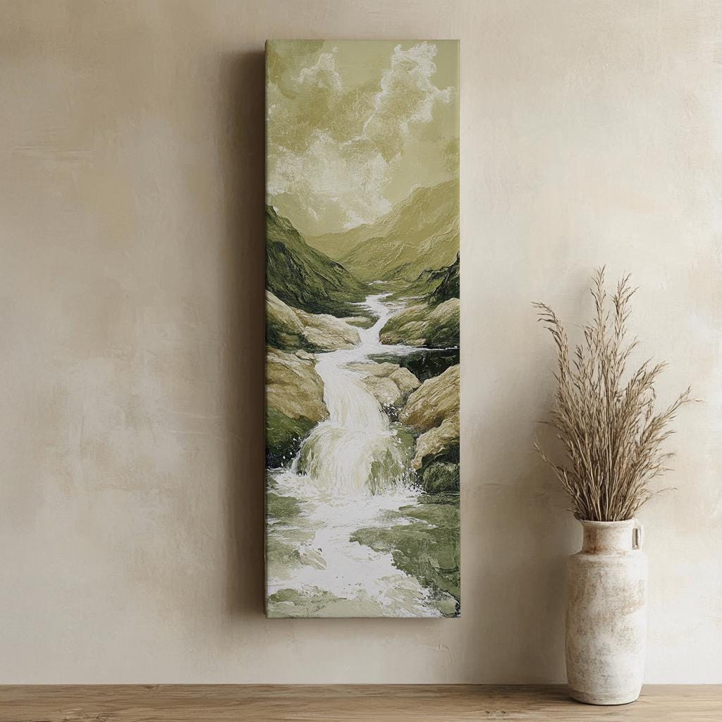 Serene Waterfall Canvas Art | Impasto Print | Tranquil Spa Wall Art For Living Room | Sage Green Art | Zen Decor Long Vertical Art