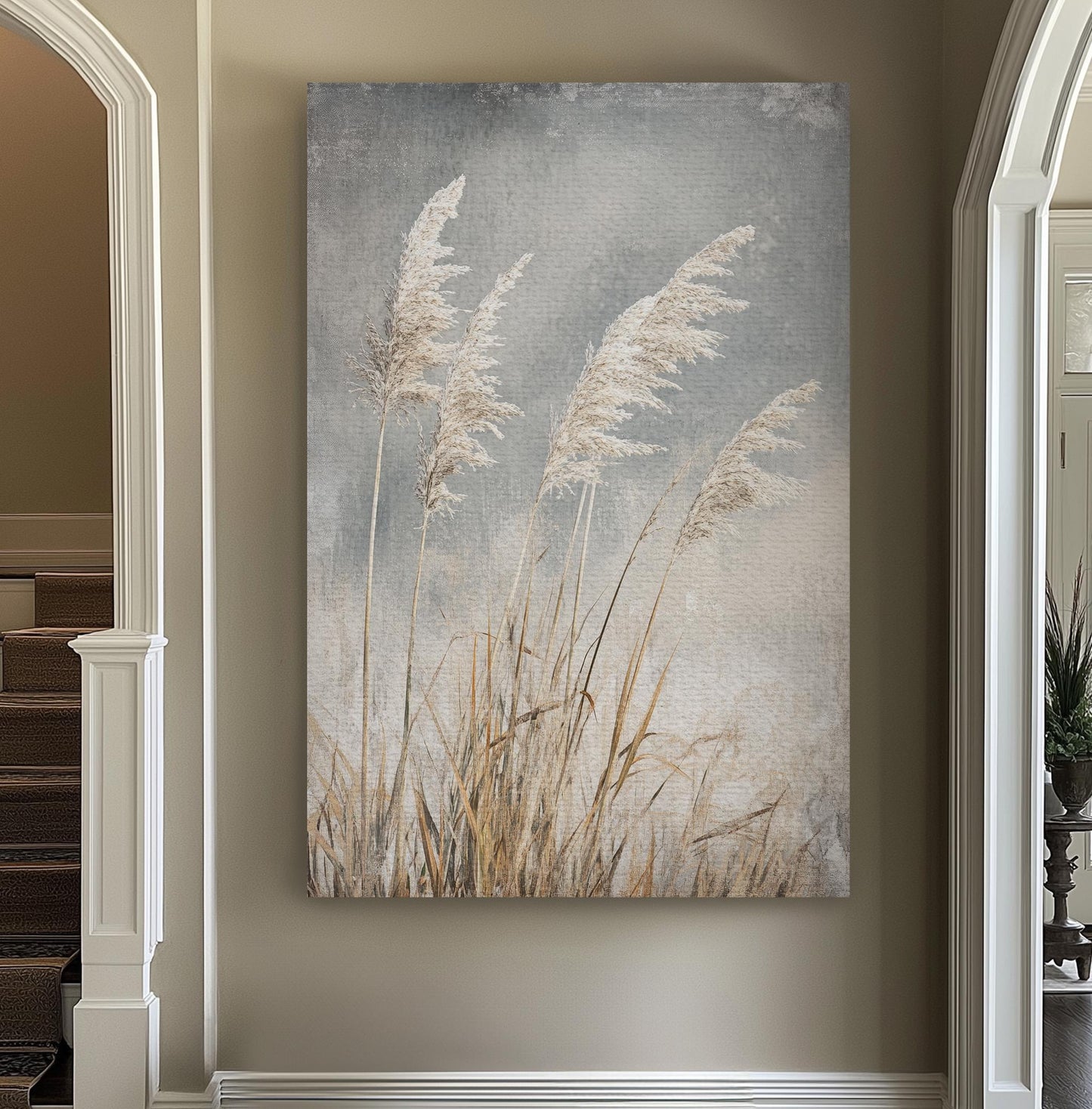 Serene Pampas Grass Canvas Art | Textured Botanical Print | Tranquil Farmhouse Wall Art For Living Room | Silver Sage Art Vertical Canvas