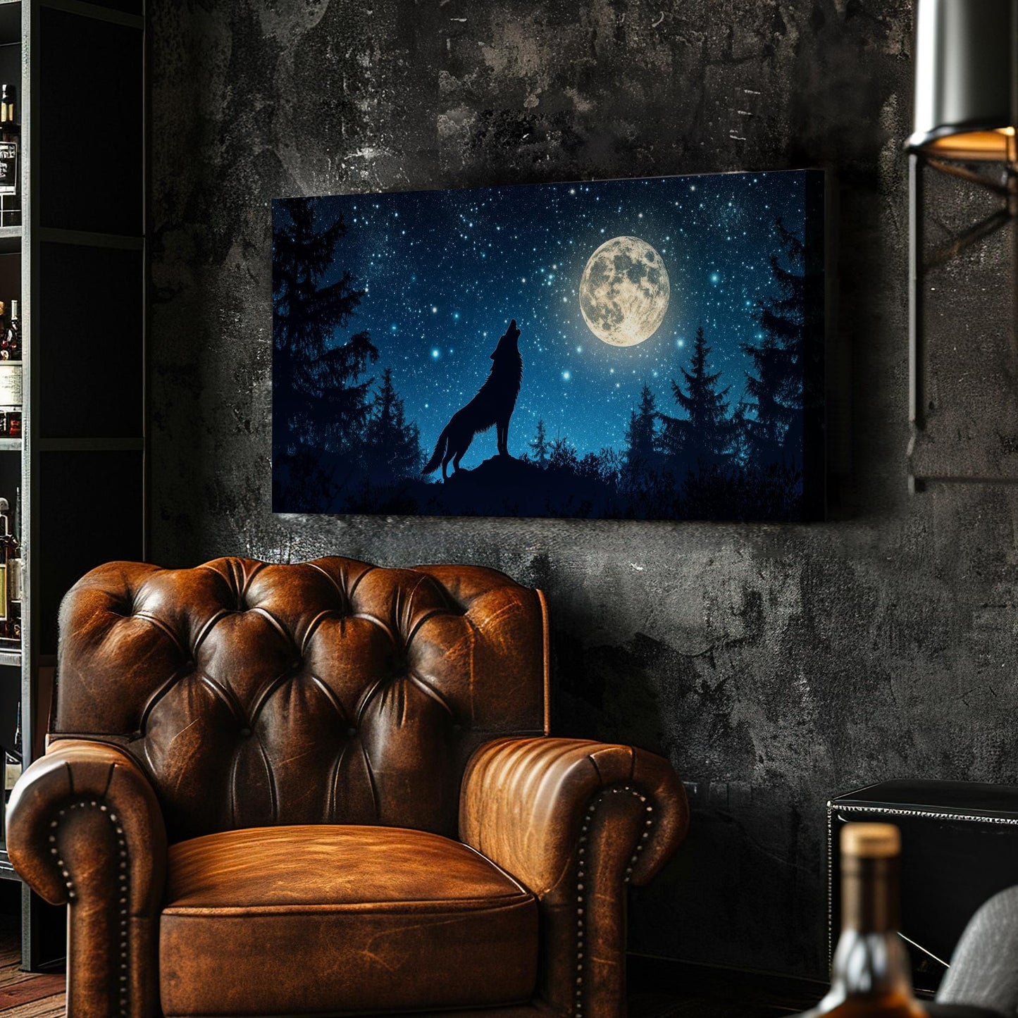 Howling Wolf Canvas Art | Silhouette Print | Bohemian Wall Art For Bedroom | Moonlit Night Sky Art | Tranquil Decor Horizontal Art