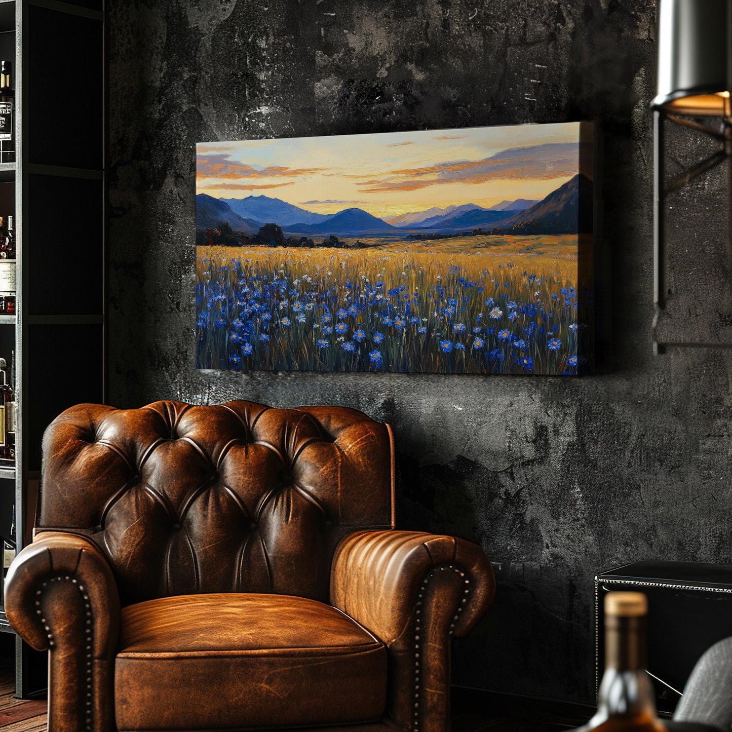 Golden Hour Cornflower Field Canvas Art | Impasto Impressionism Print | Transcendental Wall Art For Living Room Horizontal Art