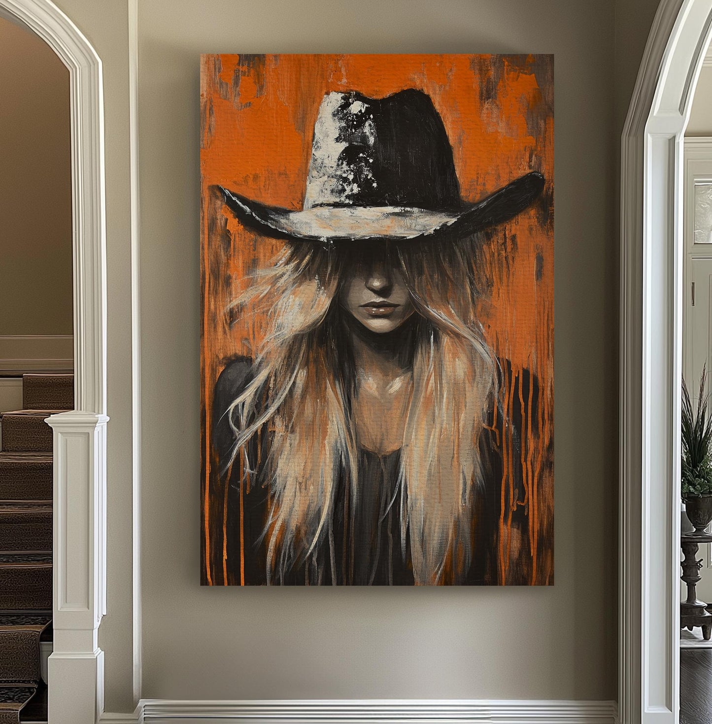 Cowgirl Portrait Canvas Art | Impasto Brushstroke Print | Bohemian Wall Art For Living Room | Burnt Orange Charcoal Art Vertical Canvas