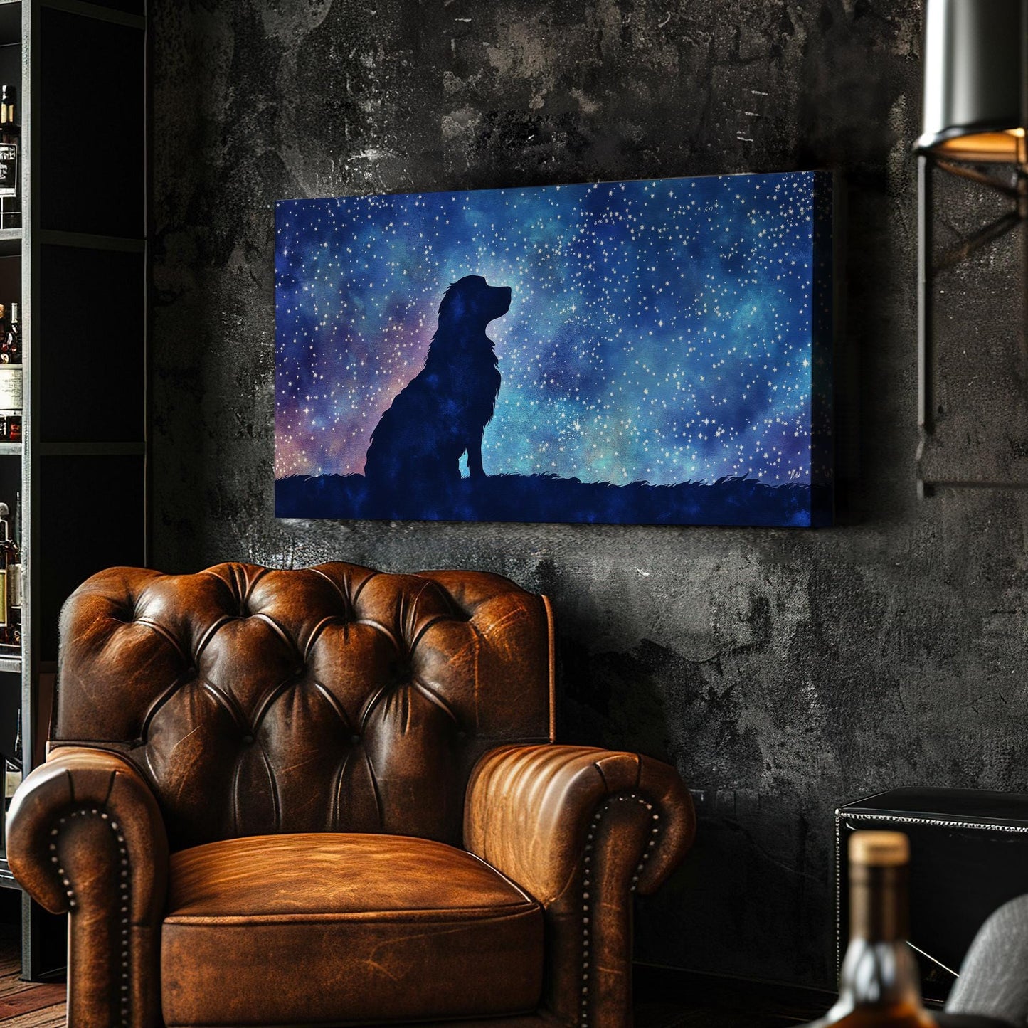 Celestial Canine Canvas Art | Watercolor Silhouette Print | Bohemian Wall Art For Bedroom | Twilight Blue Art Horizontal Art