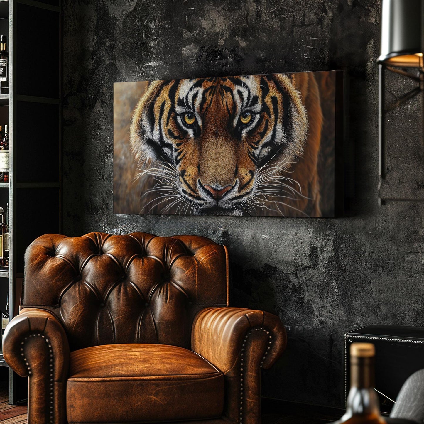 Bengal Tiger Gaze Canvas Art | Pointillist Print | Biophilic Wall Art For Living Room | Amber Sunset Art Horizontal Art