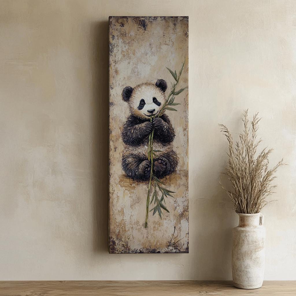 Adorable Panda Cub Canvas Art | Impasto Bamboo Print | Zen Minimalist Wall Art For Living Room | Sandstone Olive Art Long Vertical Art