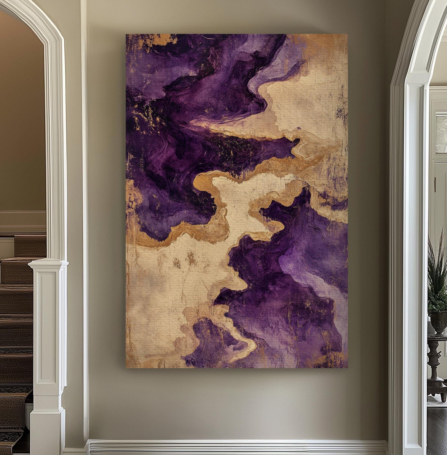 Abstract Amethyst Gold Foil Canvas Art | Fluid Acrylic Pour Print | Glam Bohemian Wall Art For Living Room Vertical Canvas