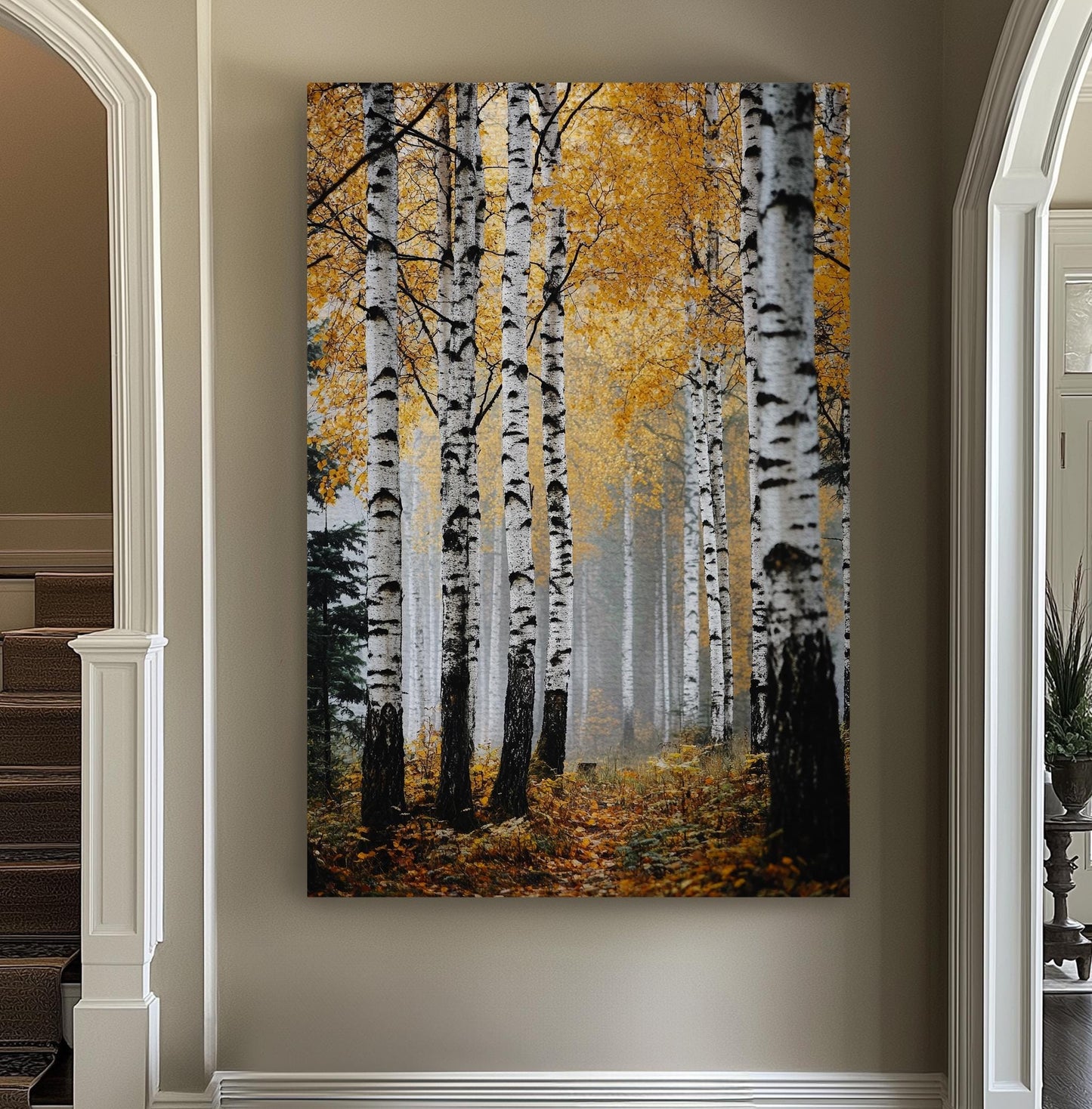Autumnal Birch Grove Canvas Art | Misty Forest Print | Tranquil Scandinavian Wall Art For Living Room | Honeyed Amber Art Vertical Canvas