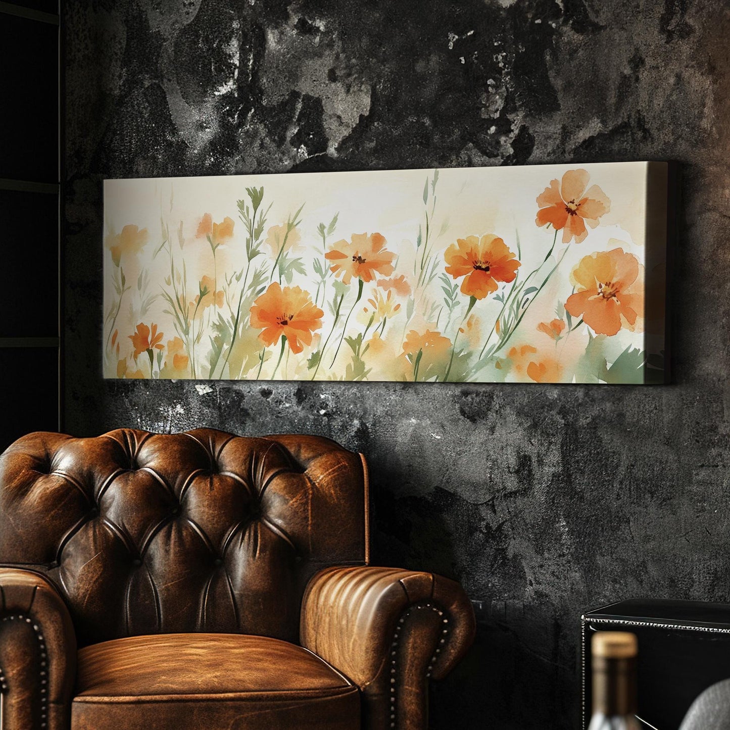 Apricot Blossom Meadow Canvas Art | Loose Watercolor Print | Bohemian Wall Art For Living Room | Tangerine Sunset Art Panoramic Wall Art