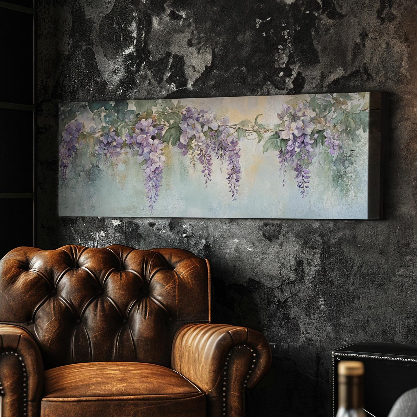 Wisteria Blossom Canvas Art | Impressionistic Watercolor Print | Bohemian Wall Art For Living Room | Celadon Green Art Panoramic Wall Art