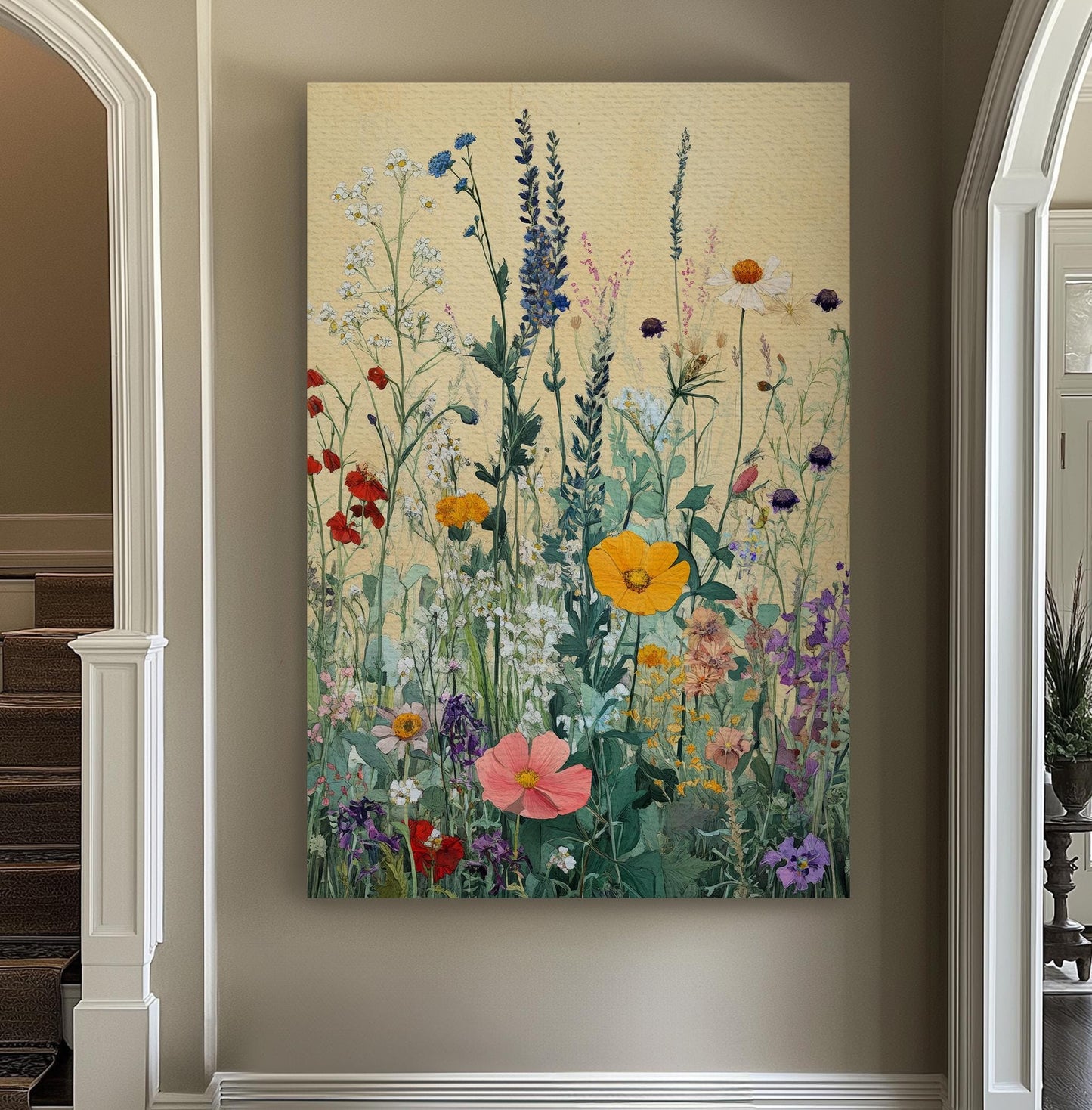 Wildflower Meadow Canvas Art | Impressionist Botanical Print | Bohemian Wall Art For Living Room | Blush Goldenrod Art Vertical Canvas