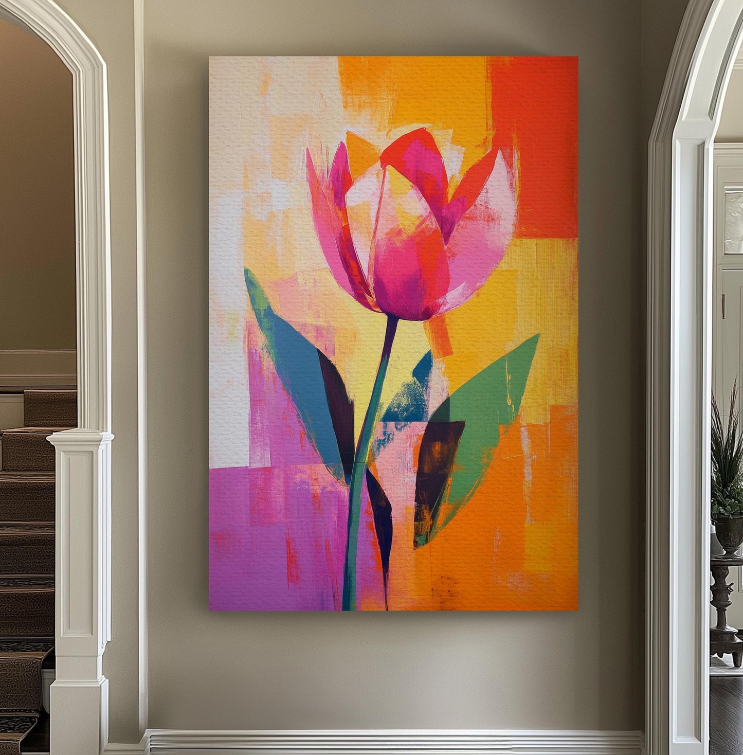 Vibrant Tulip Canvas Art | Impasto Abstract Print | Mid Century Modern Wall Art For Living Room | Tangerine Coral Art Vertical Canvas