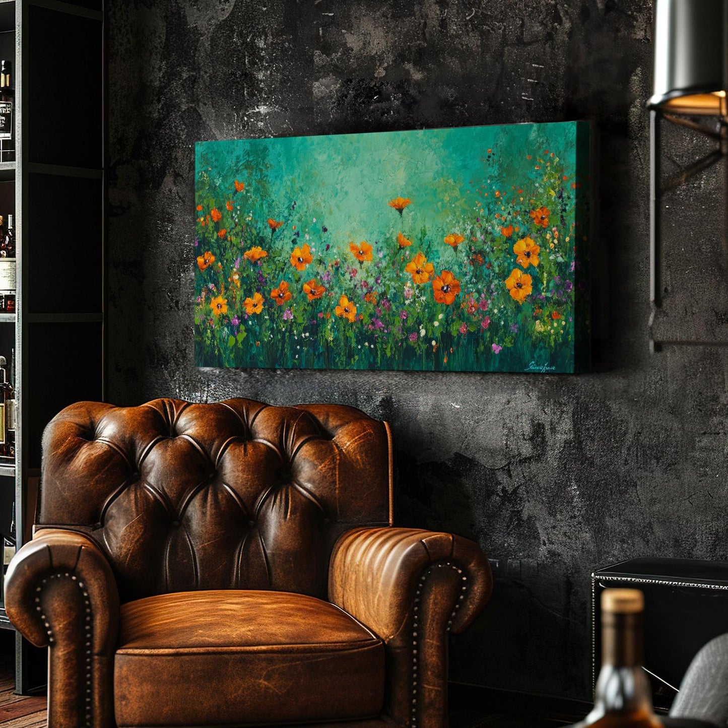Vibrant Poppy Meadow Canvas Art | Impasto Floral Print | Bohemian Wall Art For Living Room | Jadeite Green Art Horizontal Art