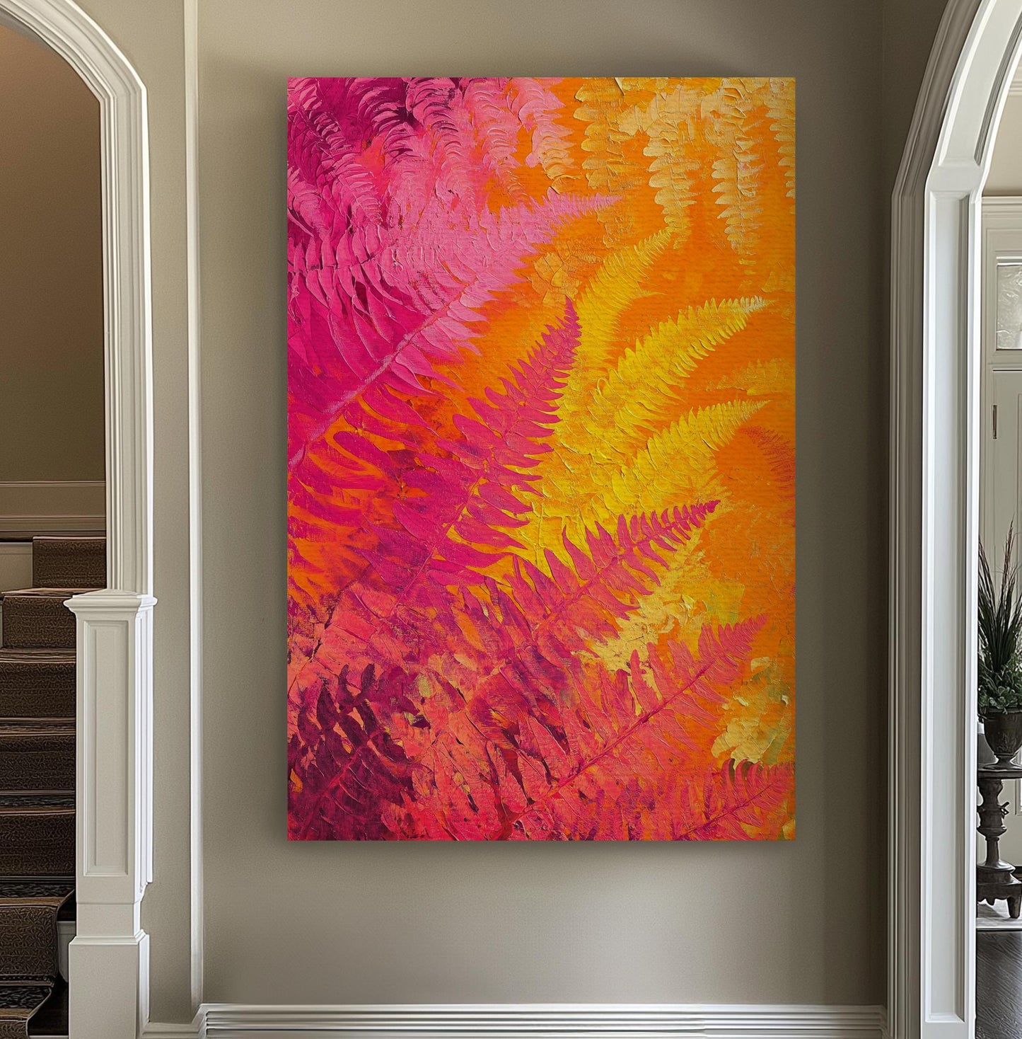 Vibrant Fern Canvas Art | Impasto Print | Biophilic Wall Art For Living Room | Sunset Hues Art | Modern Bohemian Decor Vertical Canvas
