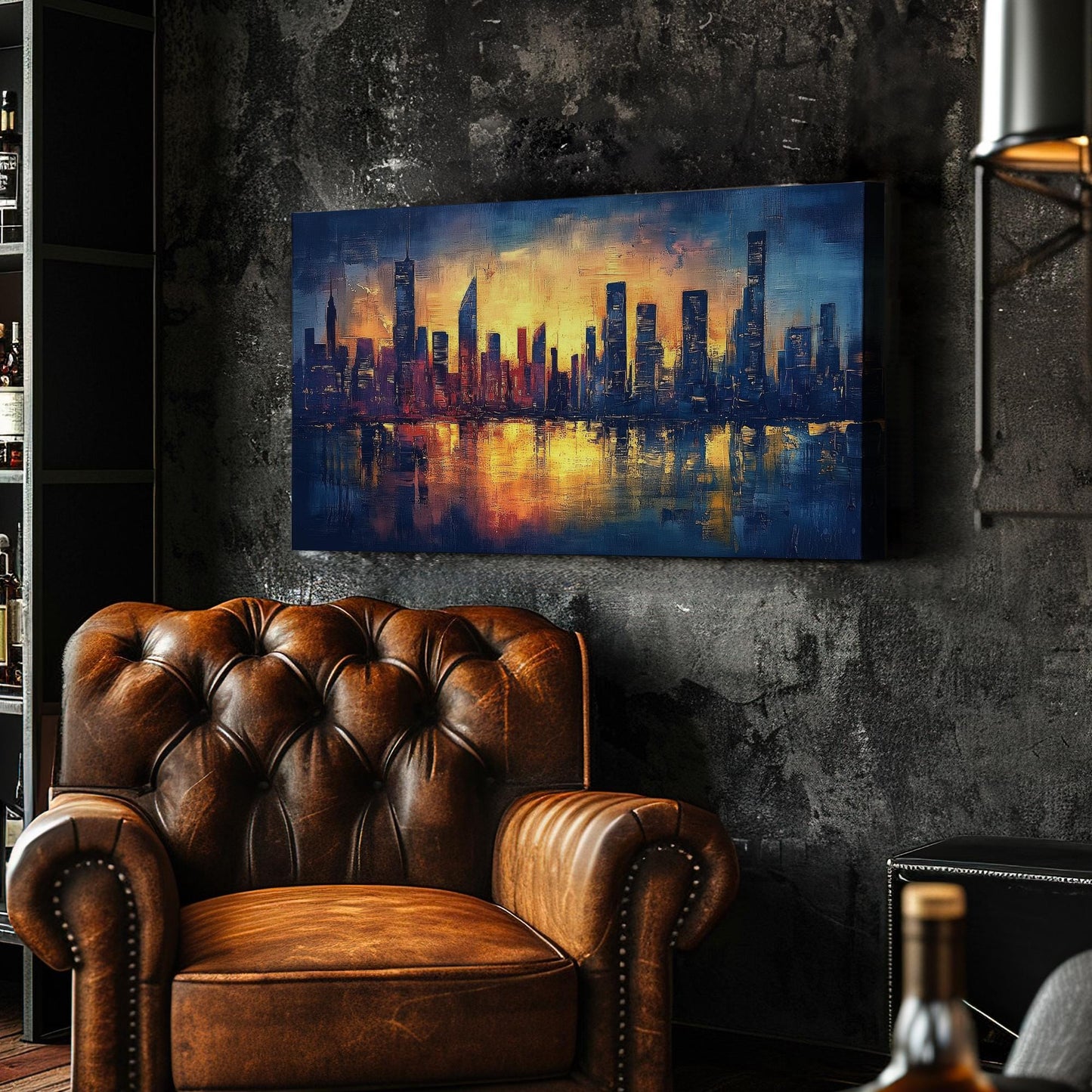 Urban Skyline Canvas Art | Impasto Palette Knife Print | Modernist Wall Art For Living Room | Amber Sunset Art Horizontal Art