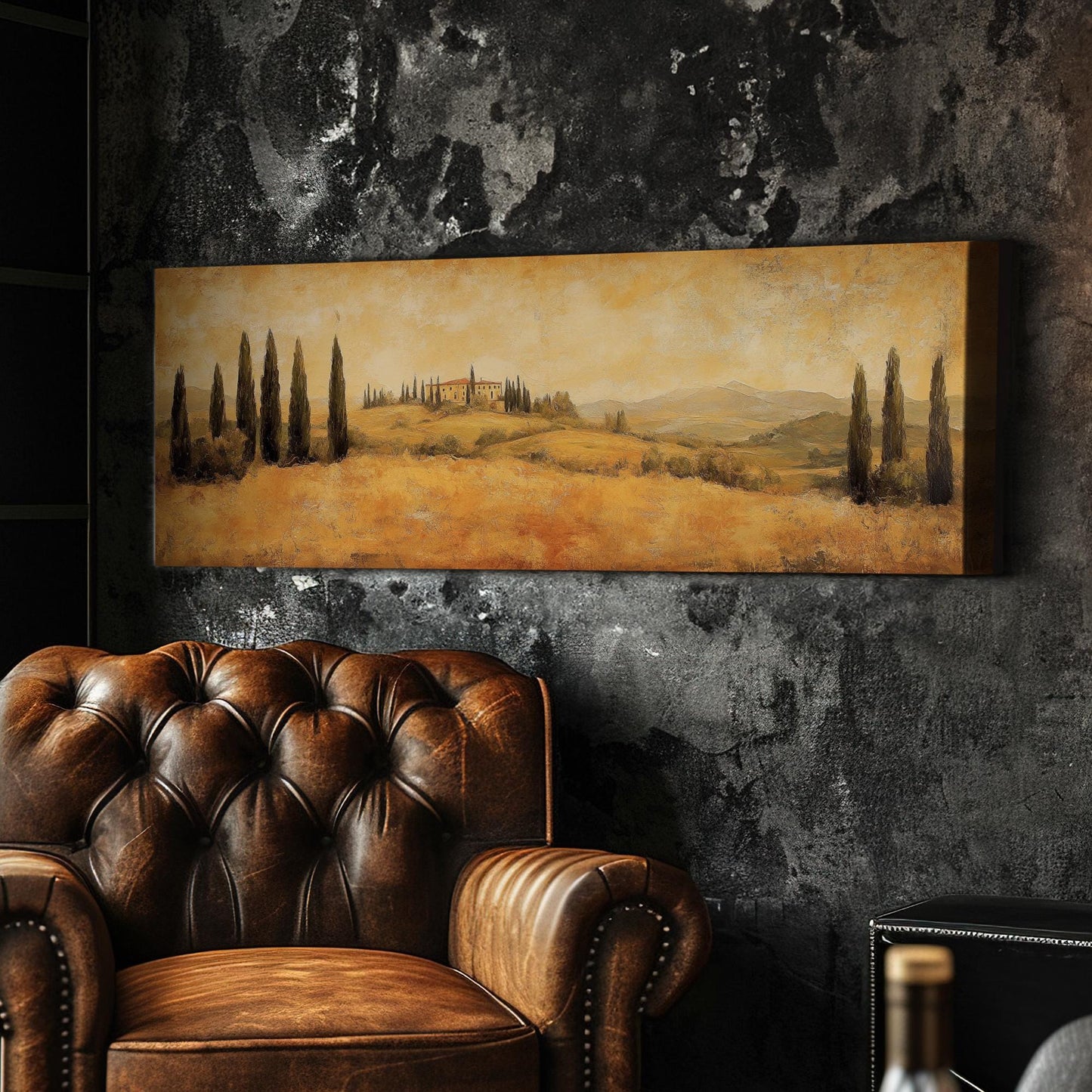 Tuscan Villa Canvas Art | Impasto Painting Print | Transitional Wall Art For Living Room | Golden Hour Art Panoramic Wall Art