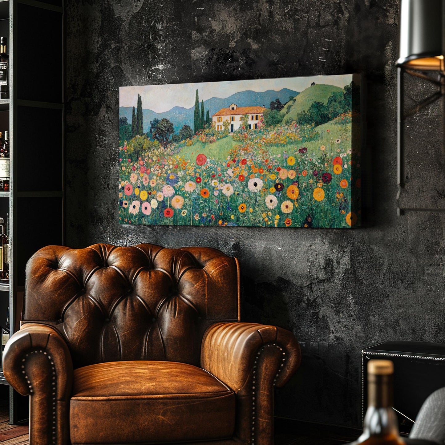Tuscan Villa Bloom Canvas Art | Impressionist Pointillist Print | Biophilic Wall Art For Living Room | Apricot Sunset Art Horizontal Art