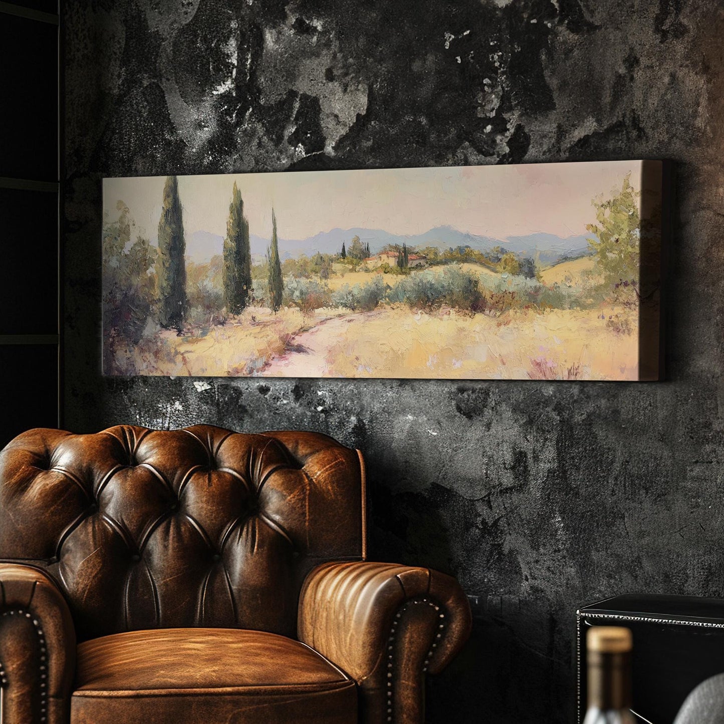 Tuscan Cypress Tree Canvas Art | Impasto Painting Print | Mediterranean Living Room Wall Art For Living Room Panoramic Wall Art