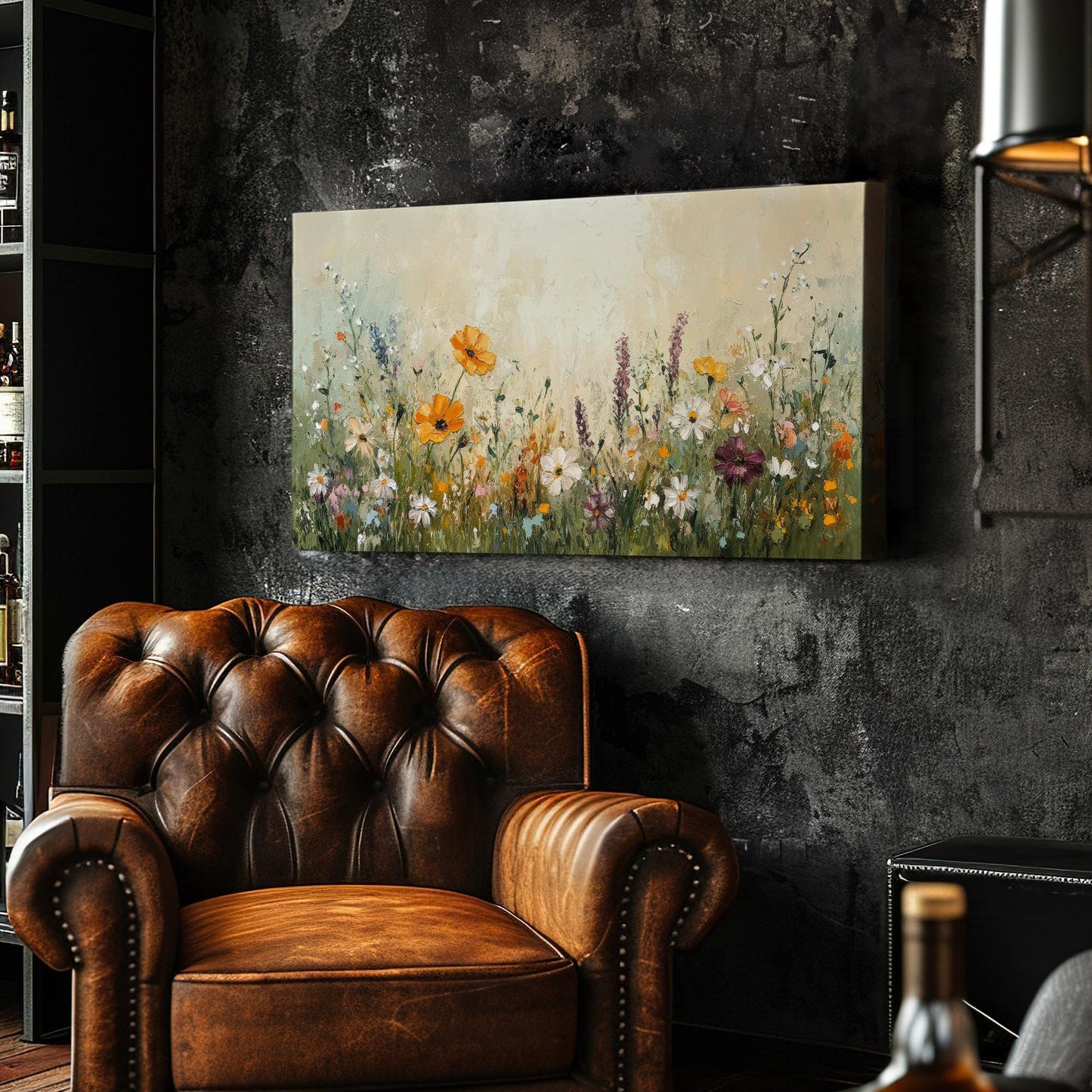 Textural Wildflower Meadow Canvas Art | Impasto Floral Print | Bohemian Wall Art For Living Room | Honeycomb Beige Art Horizontal Art